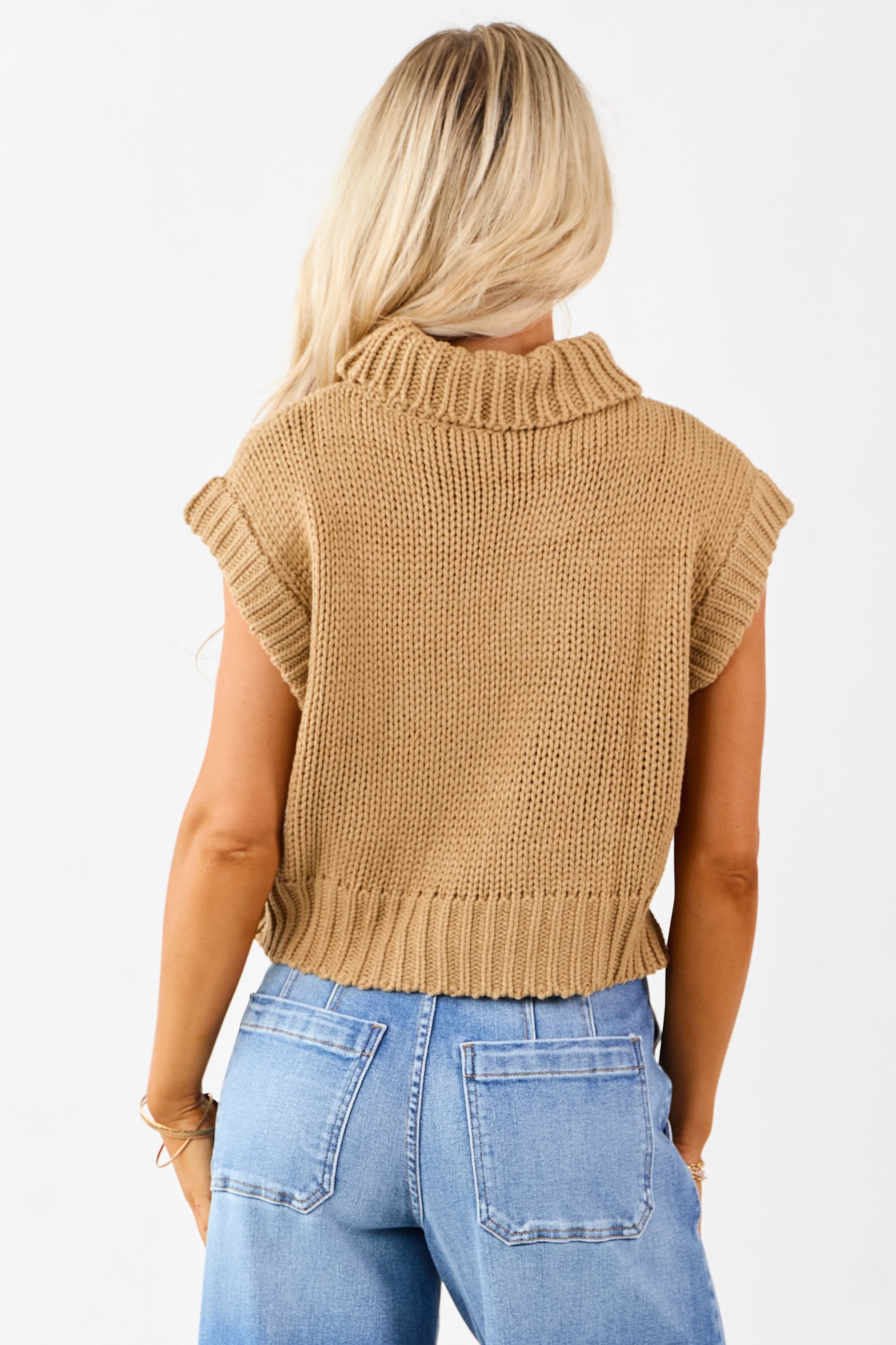 Camel Knit Turtleneck Cap Sleeve Sweater Top - Image 5