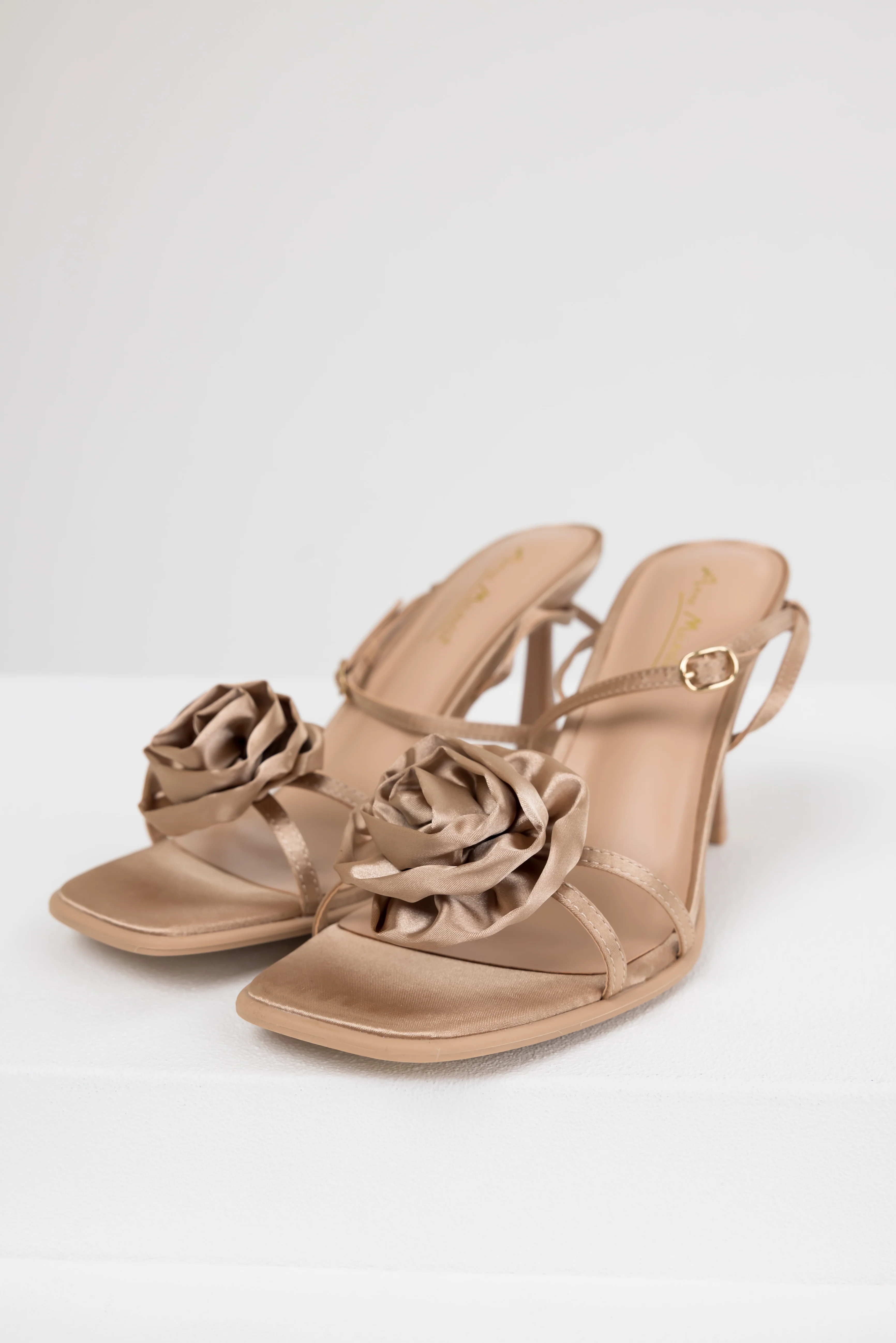 Camel Satin Flower Strap Dress Heels - Image 3