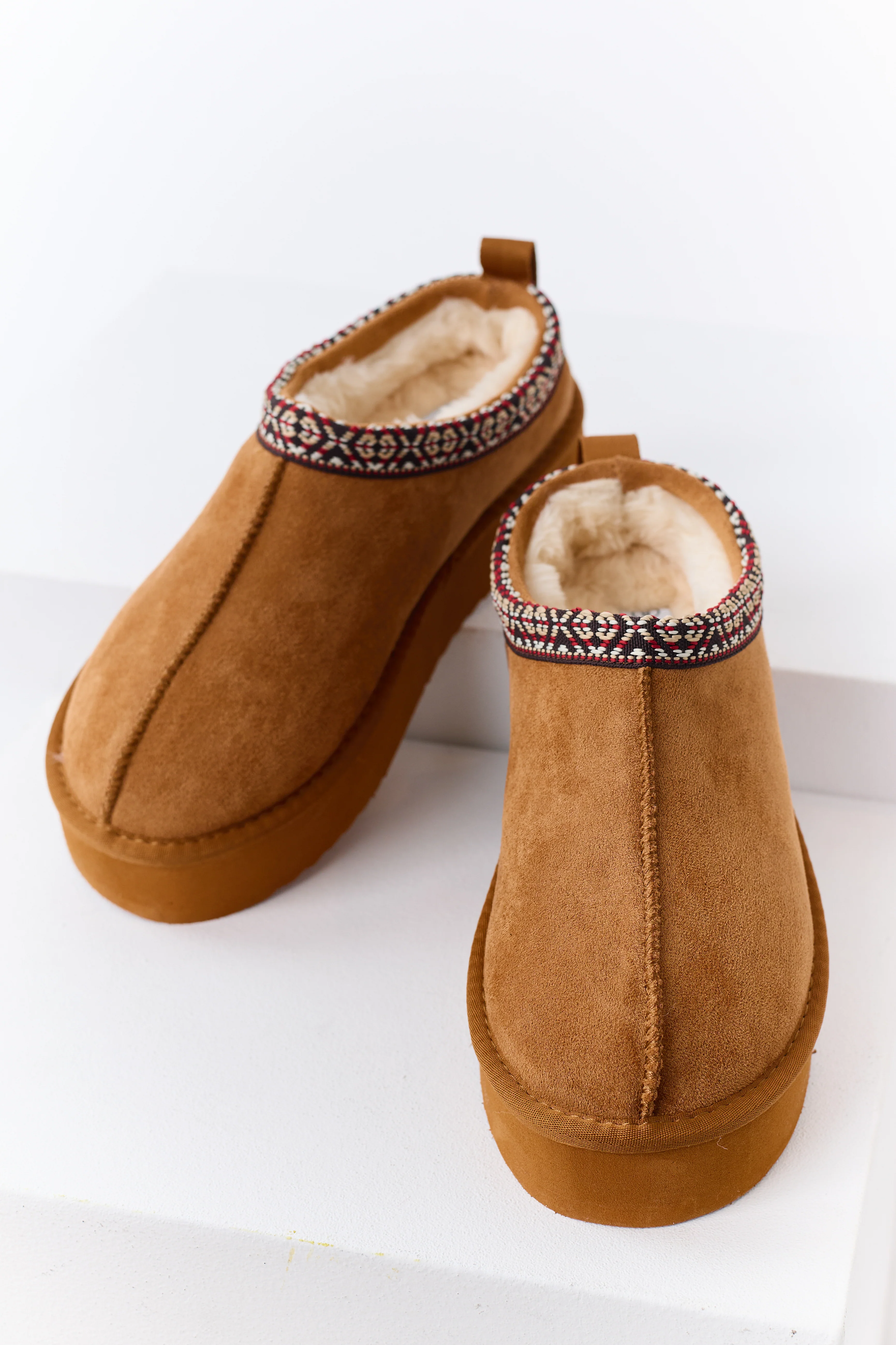 Caramel Faux Suede Fur Lined Platform Slippers - Image 2