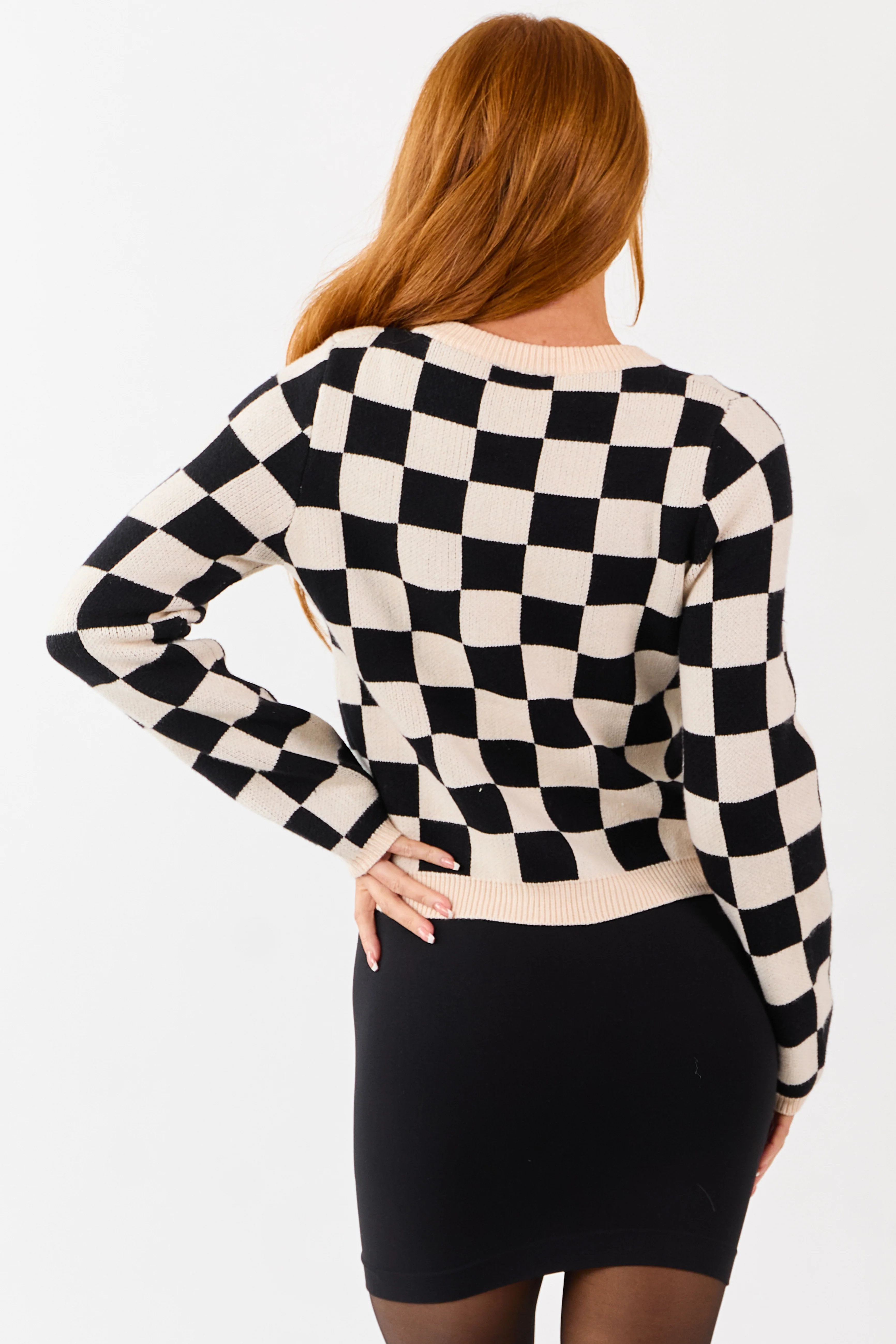 Champagne and Black Checkered Front Tie Cardigan - Image 6