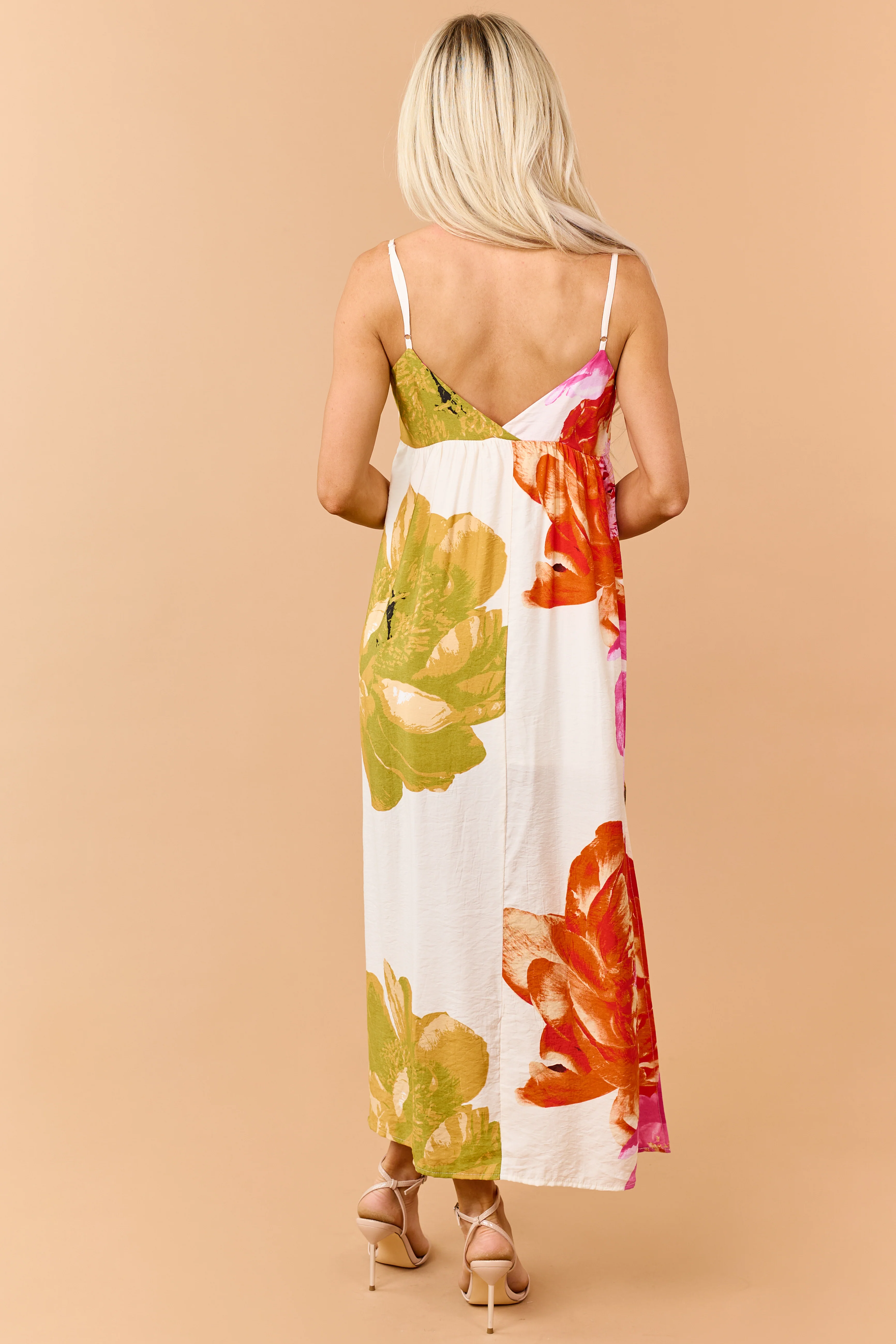 Champagne Floral Print V-Neck Sleeveless Maxi Dress - Image 5
