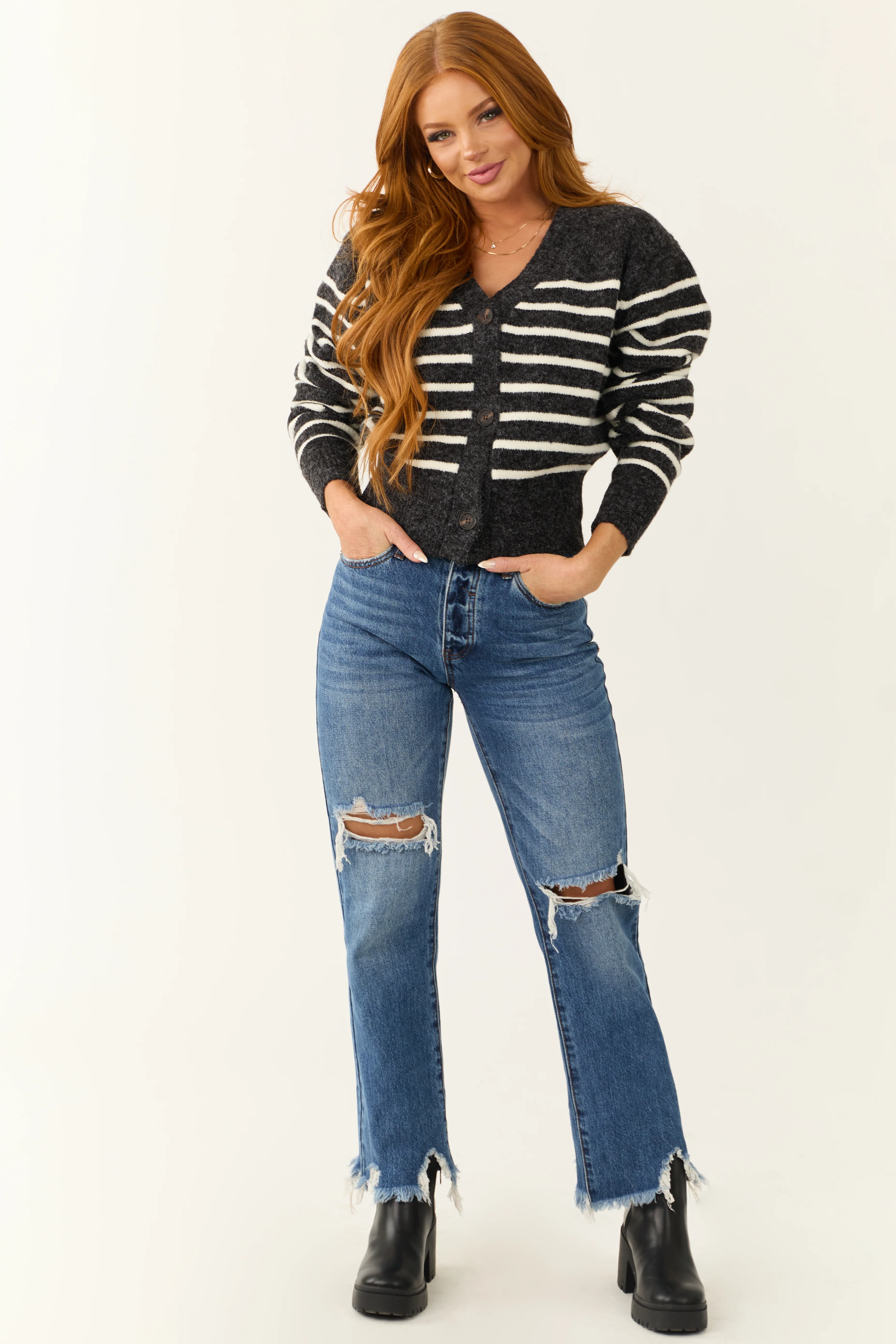 Charcoal Striped Cropped Button Up Cardigan - Image 2