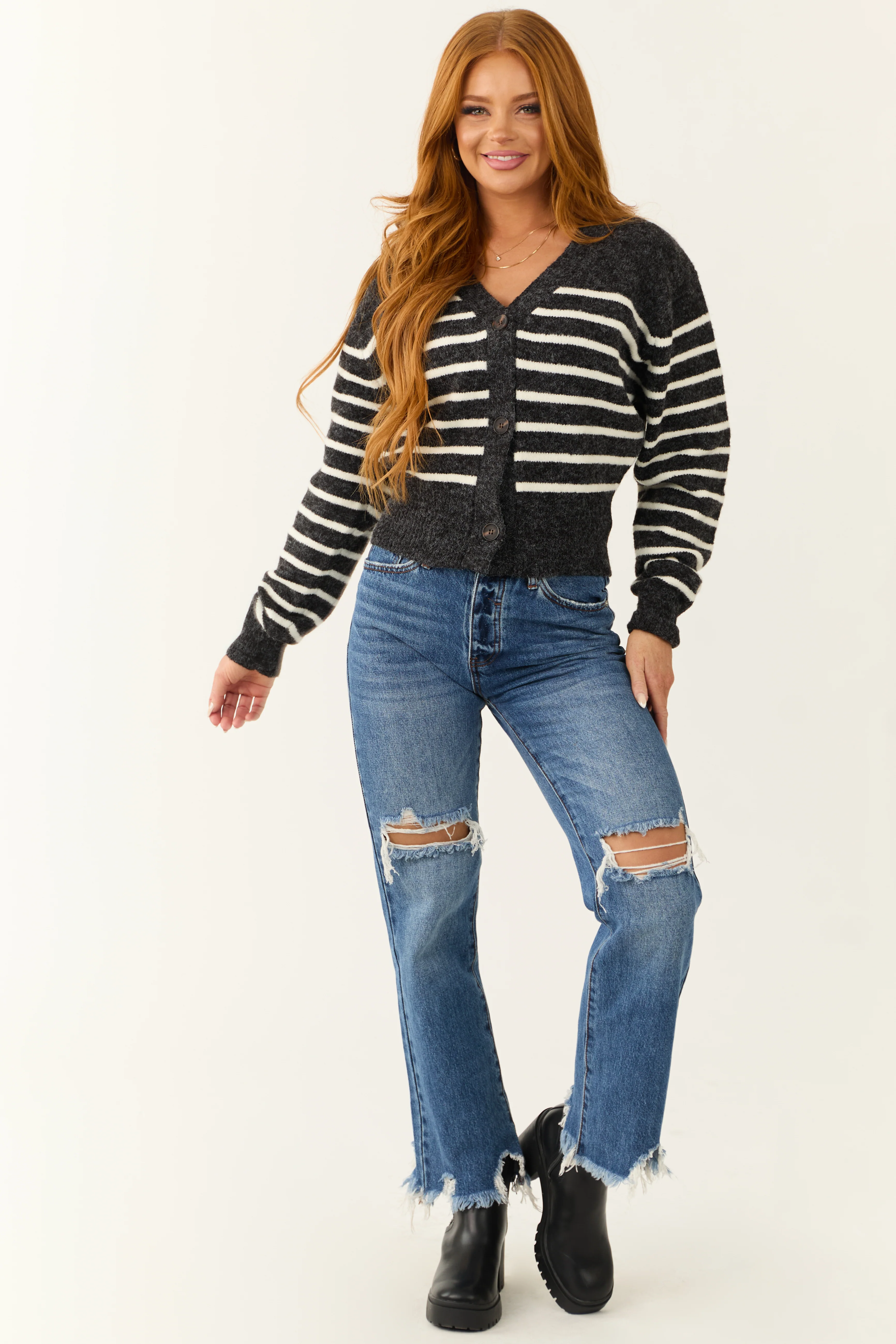 Charcoal Striped Cropped Button Up Cardigan - Image 3