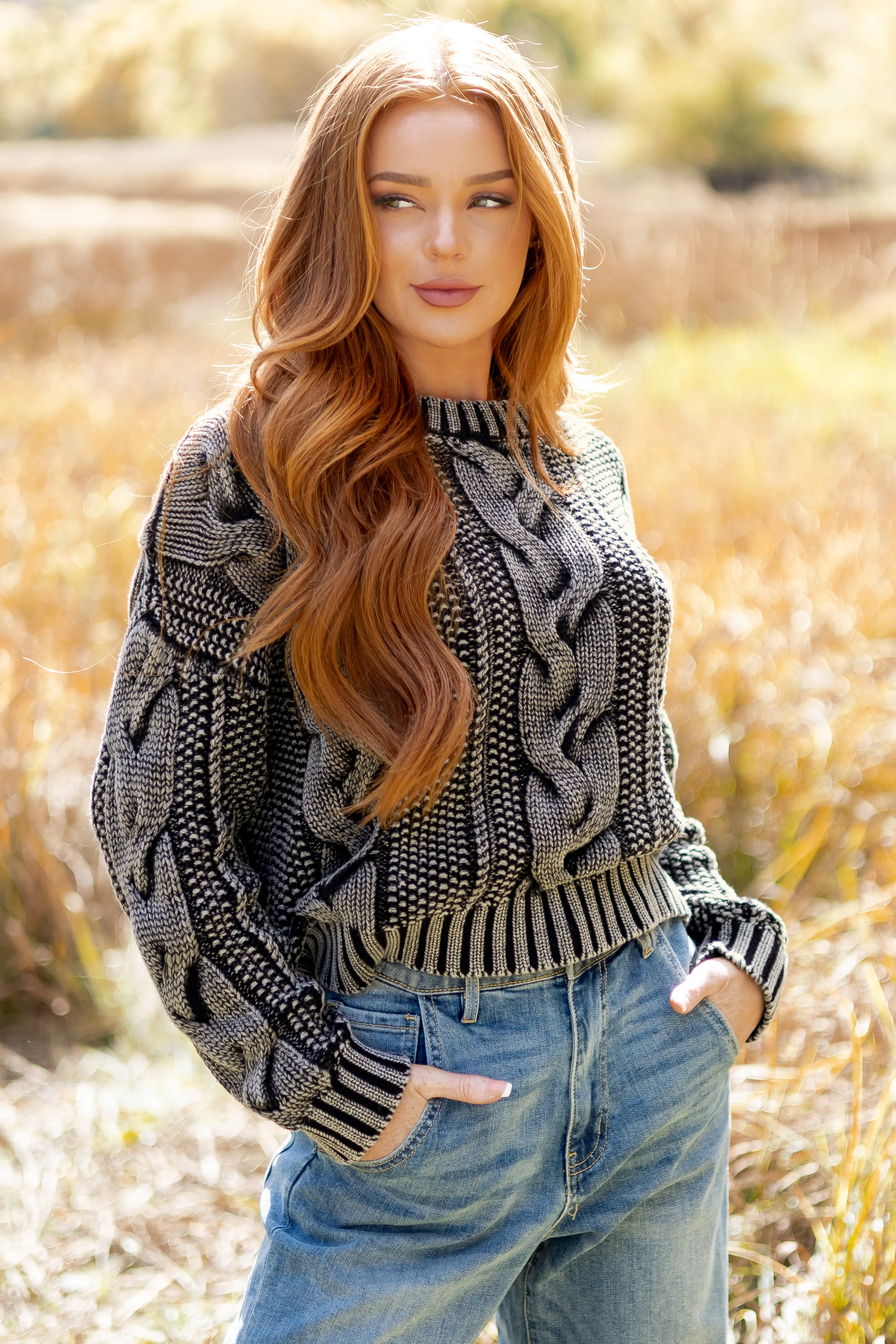 Charcoal Washed Cotton Cable Knit Pullover Sweater - Image 2