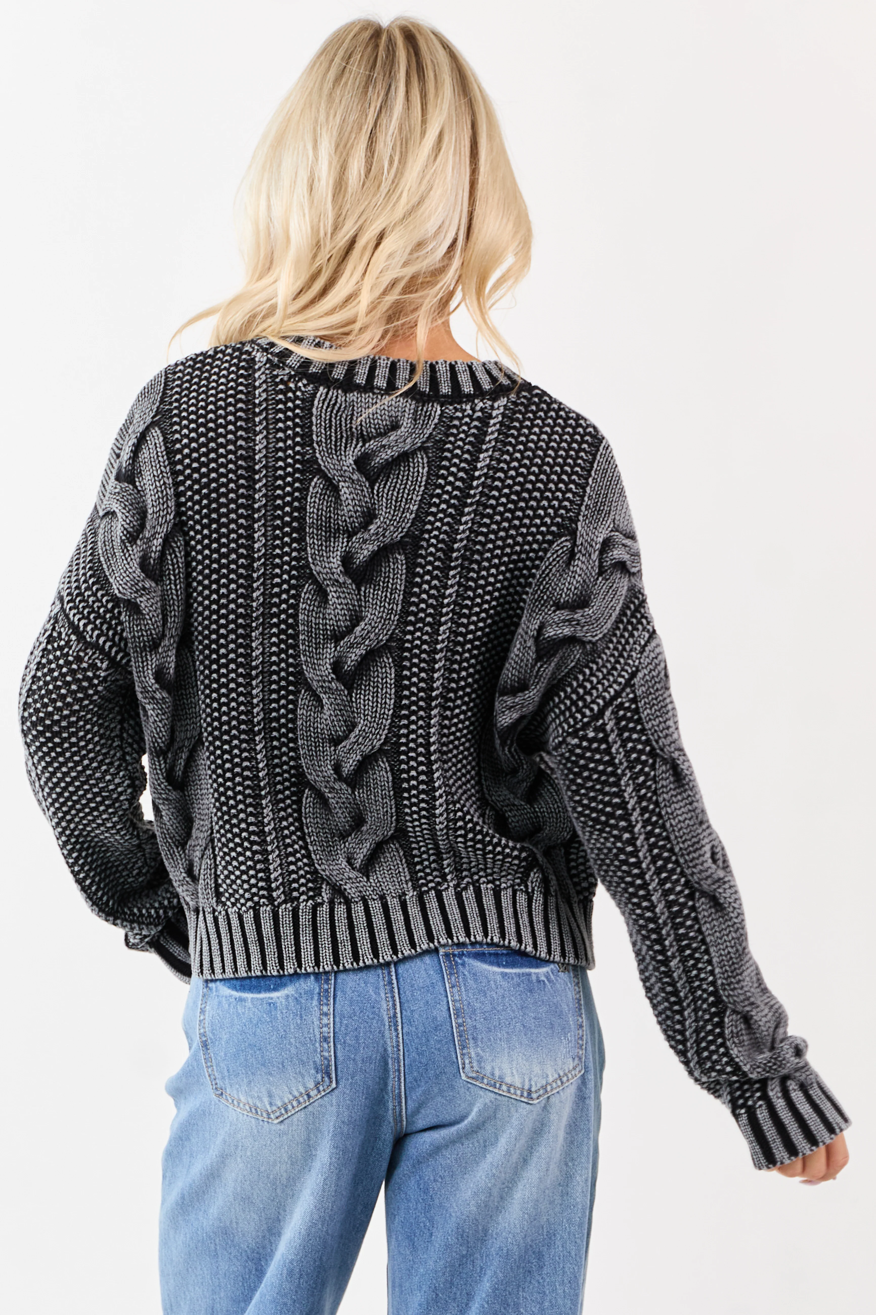 Charcoal Washed Cotton Cable Knit Pullover Sweater - Image 6