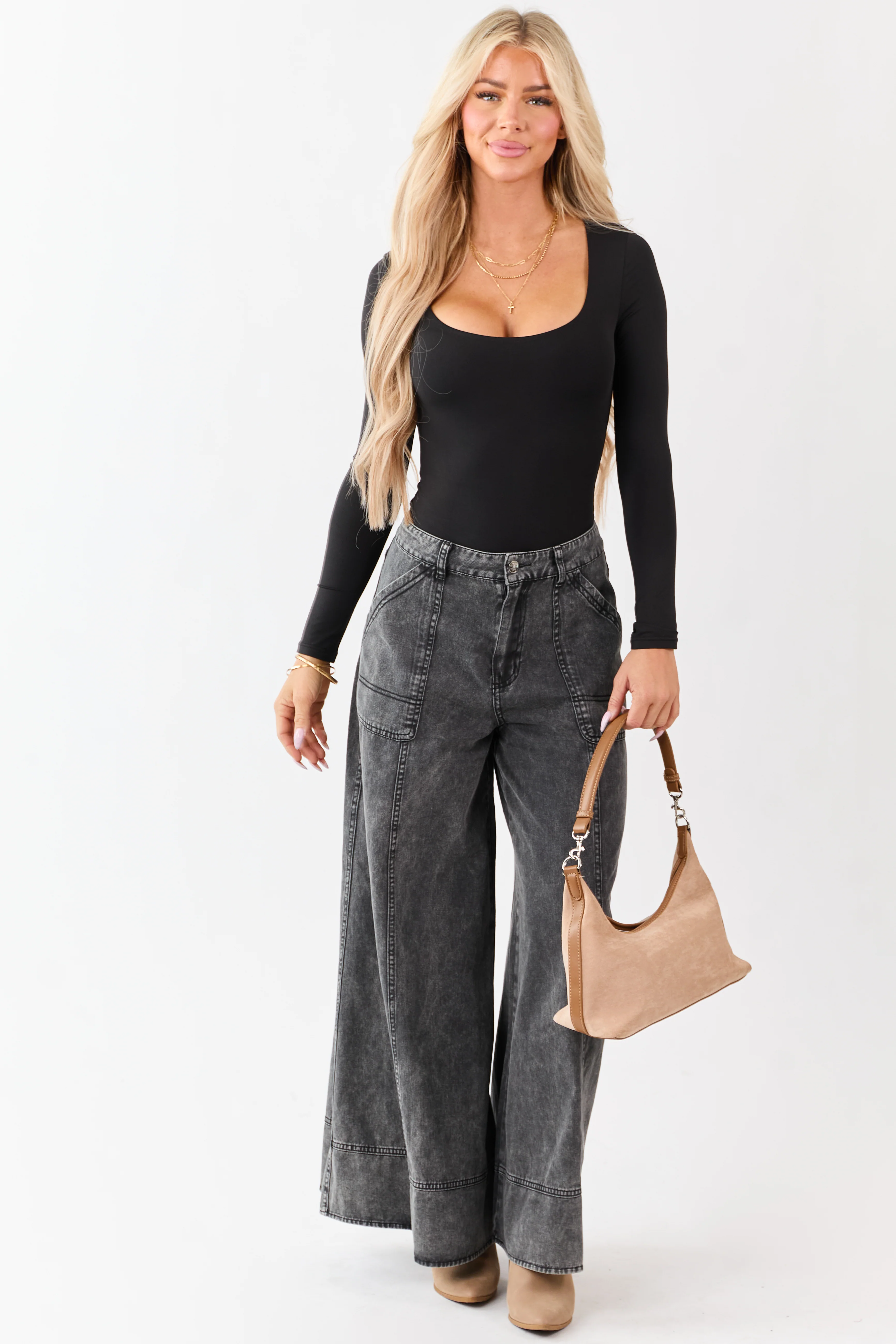 Charcoal Washed Palazzo Carpenter Denim Pants - Image 6