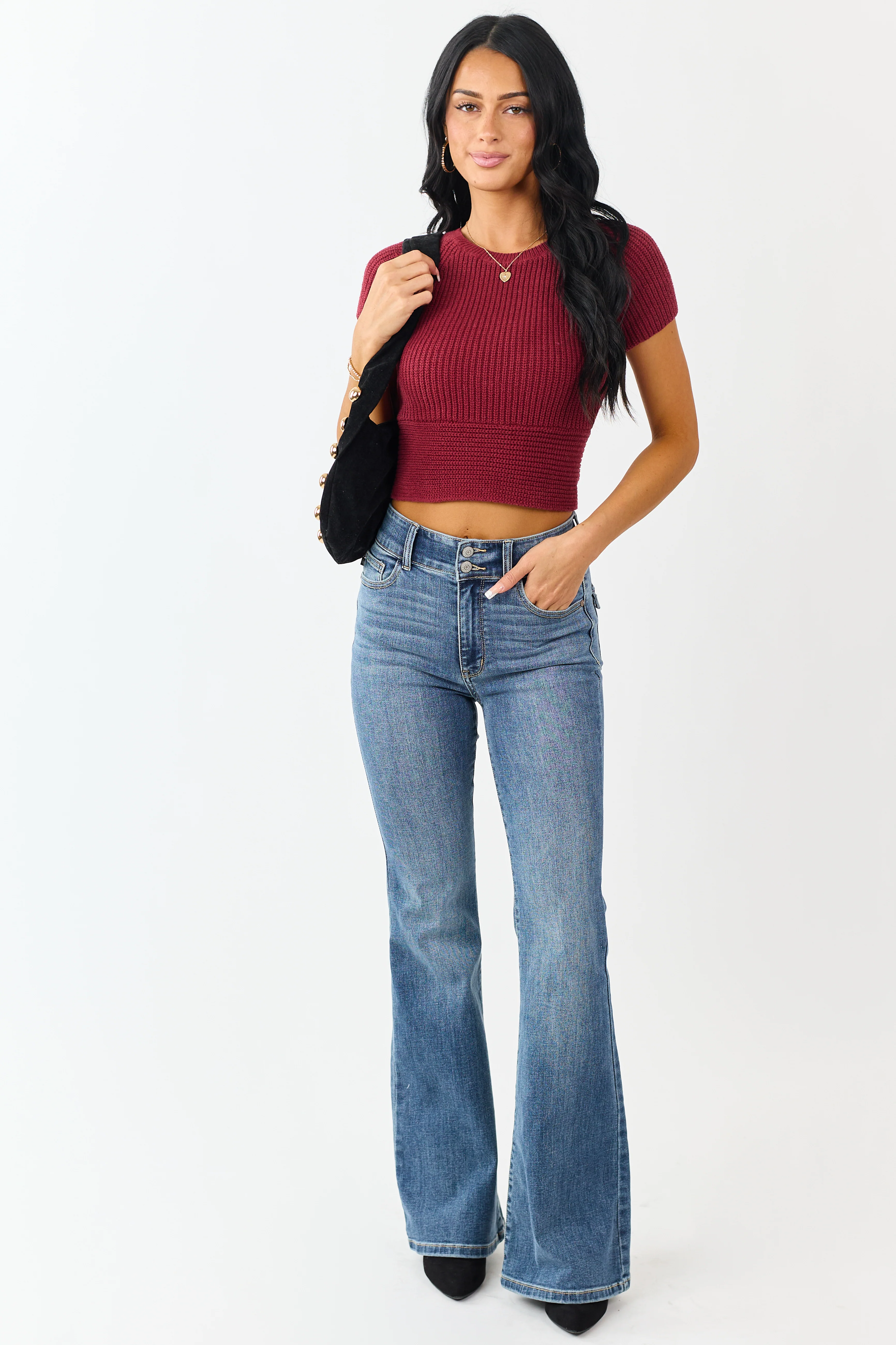 Cherry Rib Knit Back Tie Crop Sweater Top - Image 4