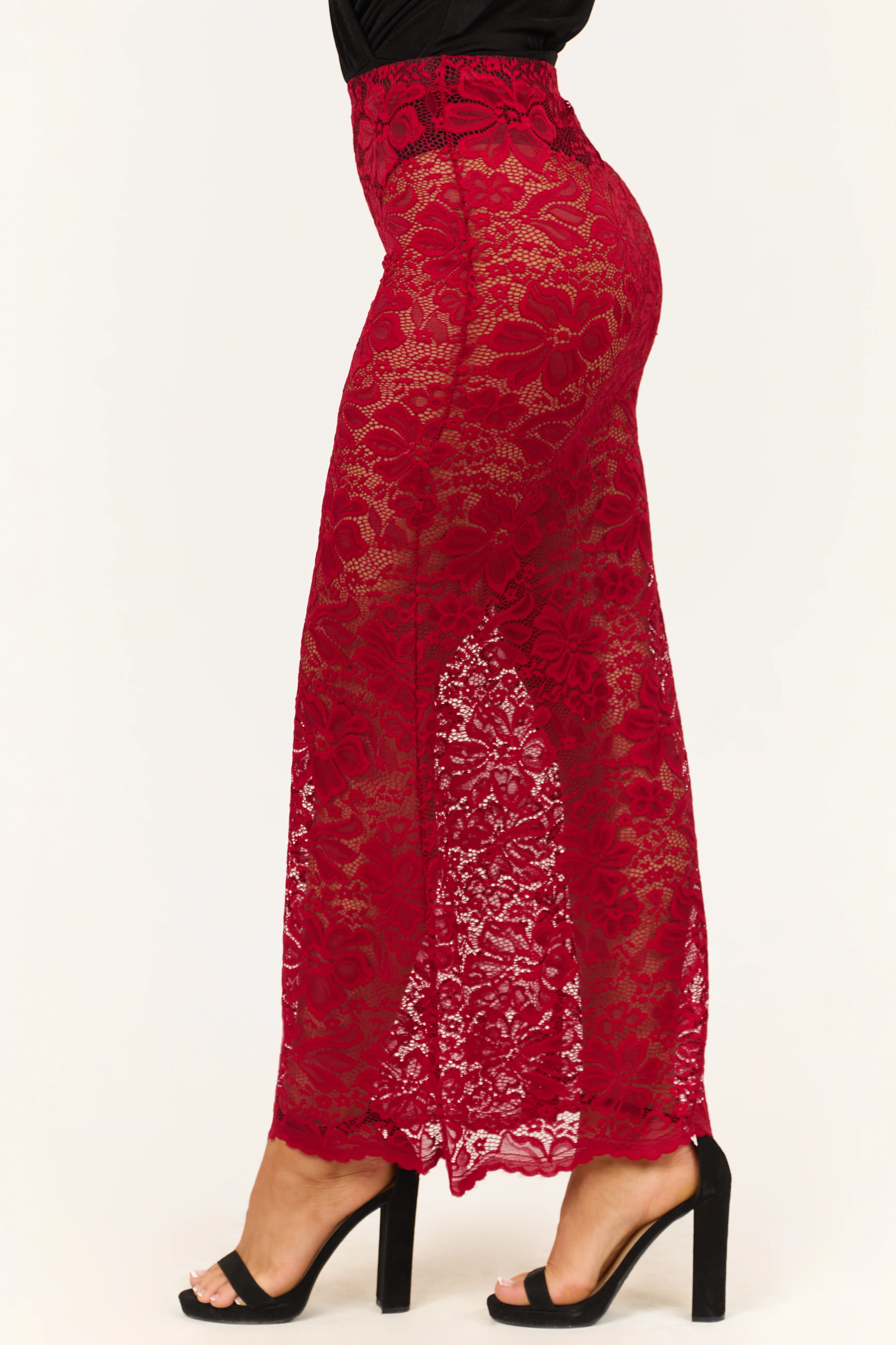 Cherry Sheer Floral Lace Slight Flare Maxi Skirt - Image 4