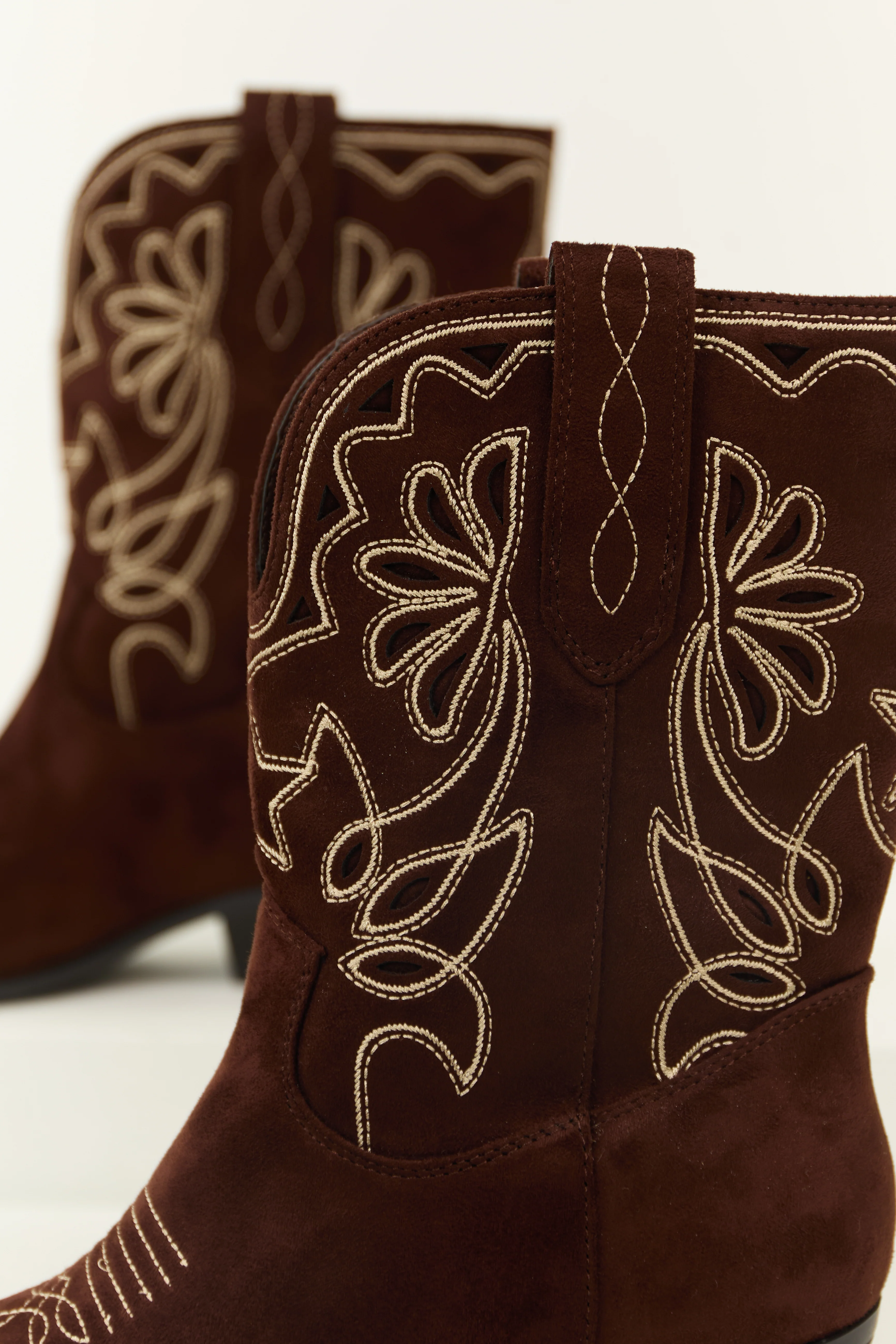 Chocolate Faux Suede Mid Calf Embroidered Boots - Image 4