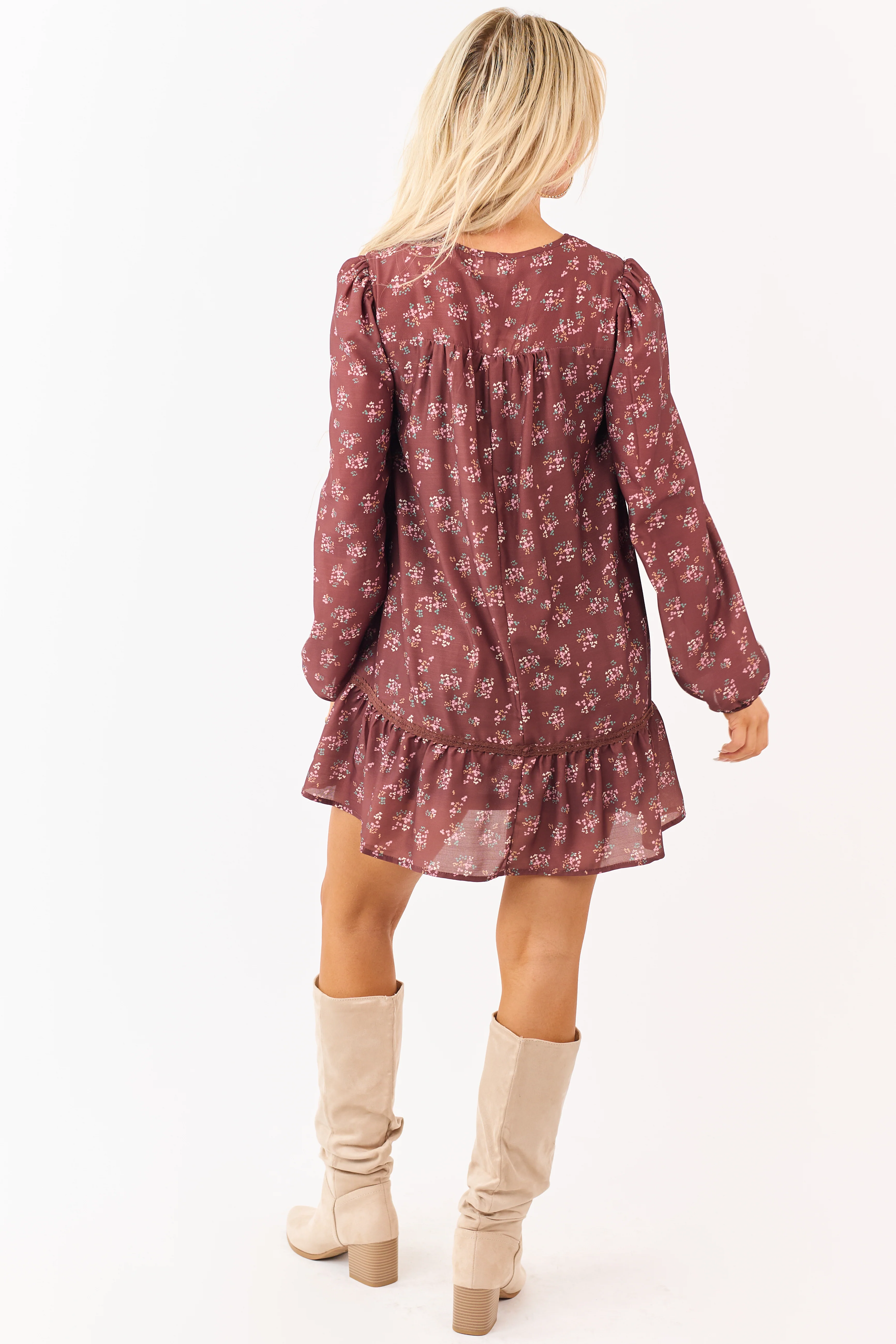 Chocolate Floral Print Front Bow Mini Dress - Image 6