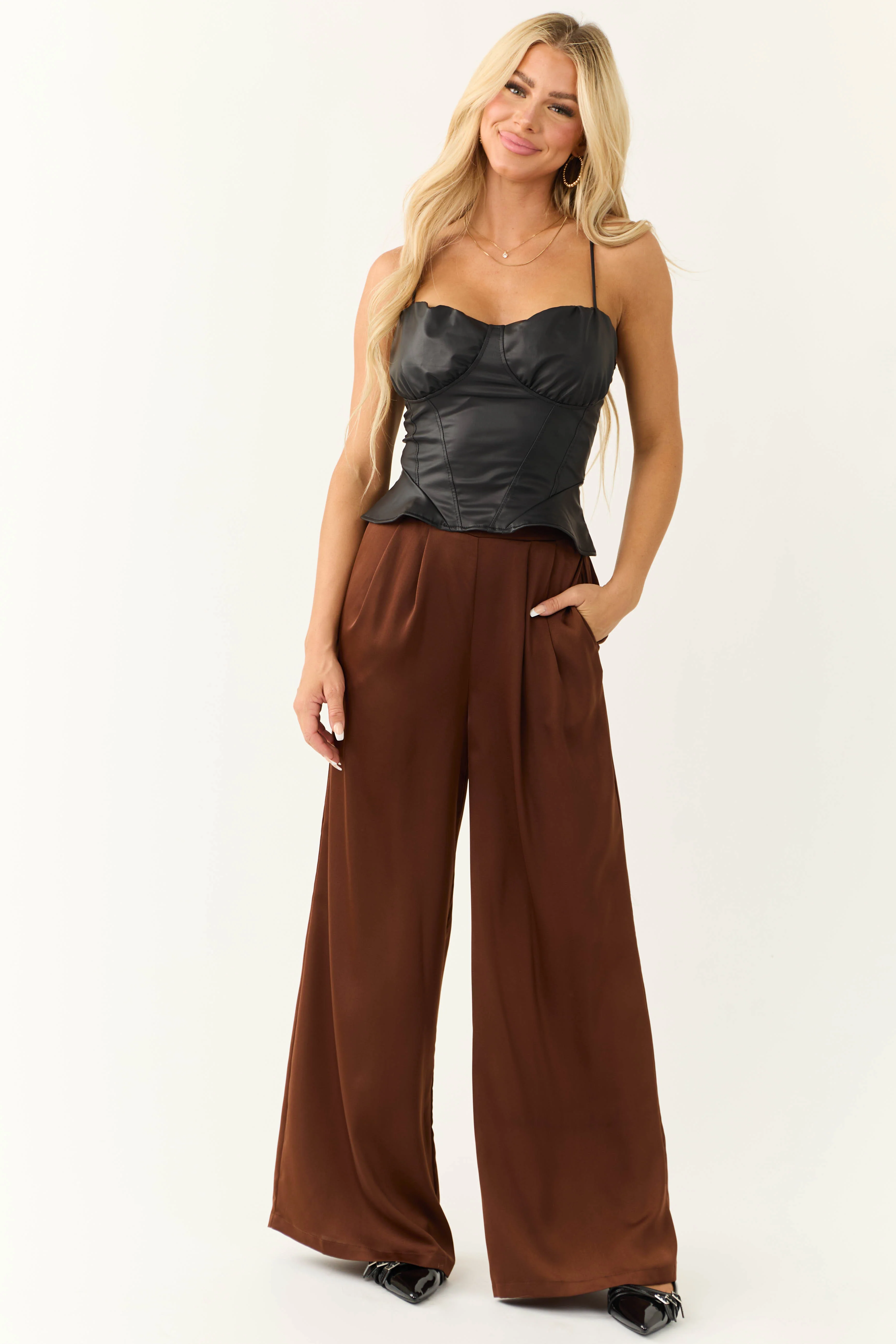 Chocolate Flowy Wide Leg Pull On Satin Pants - Image 5
