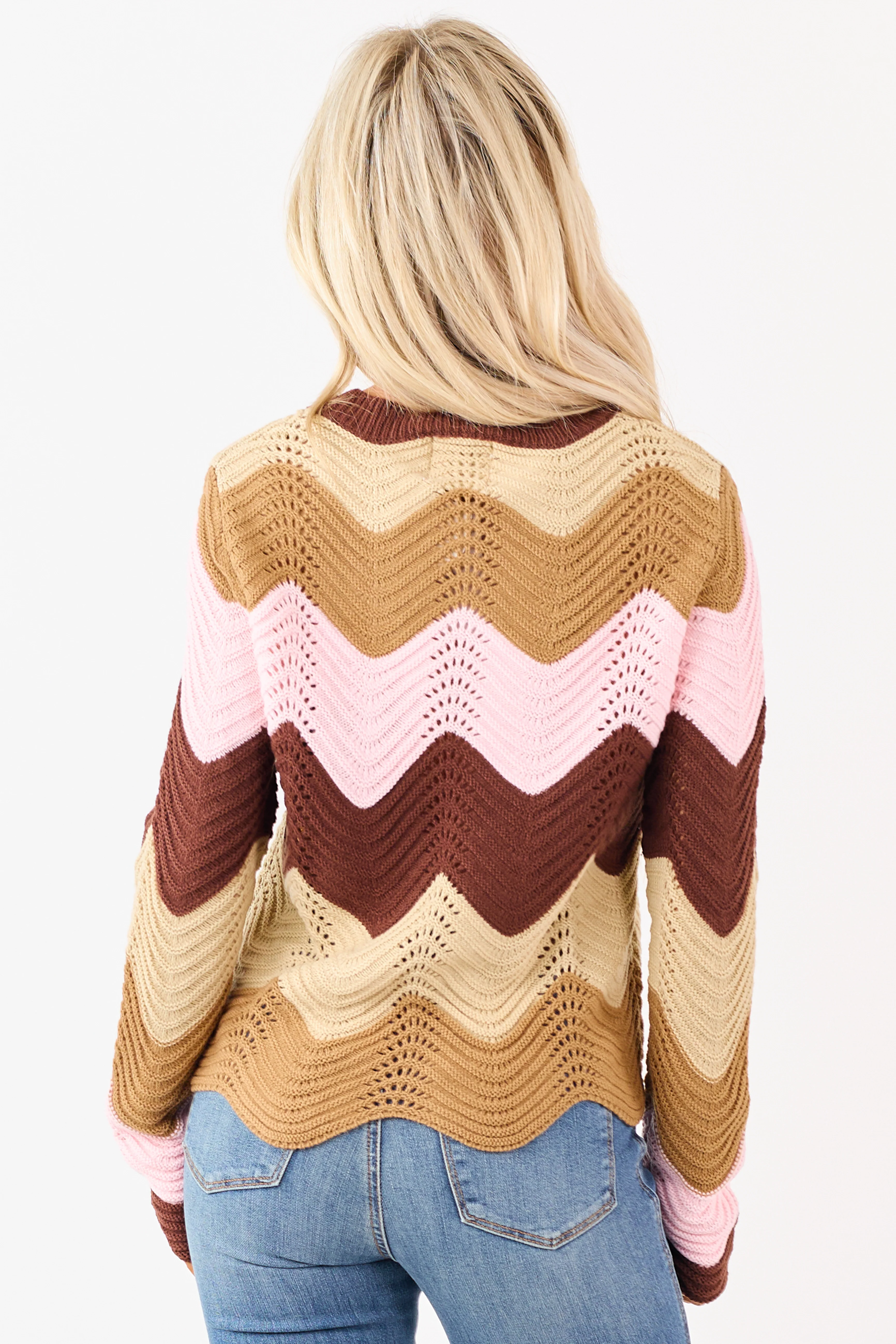 Chocolate Wavy Colorblock Stripe Pointelle Sweater - Image 5