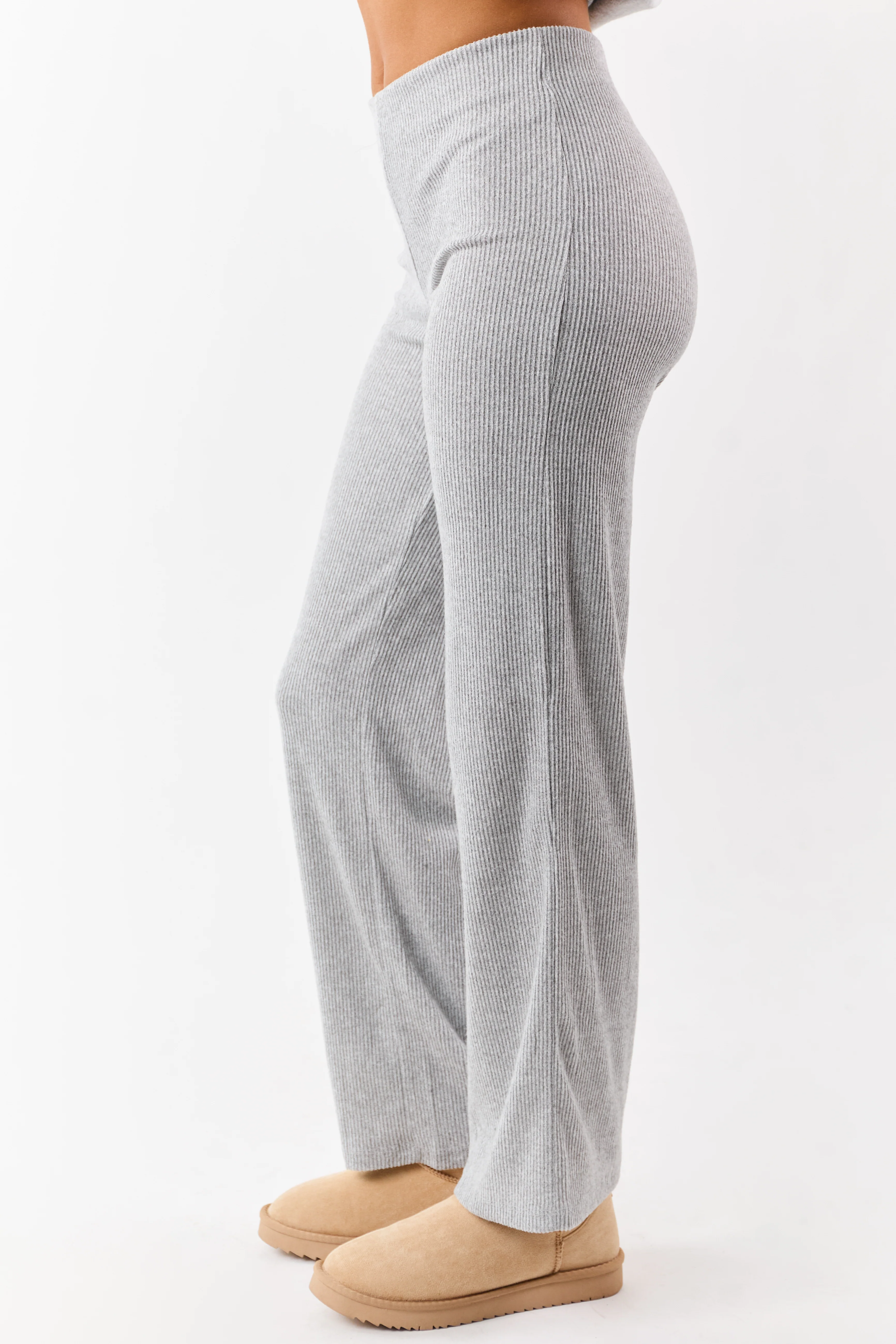 Cloud Grey Rib Knit Elastic Waist Wide Leg Pants - Image 4
