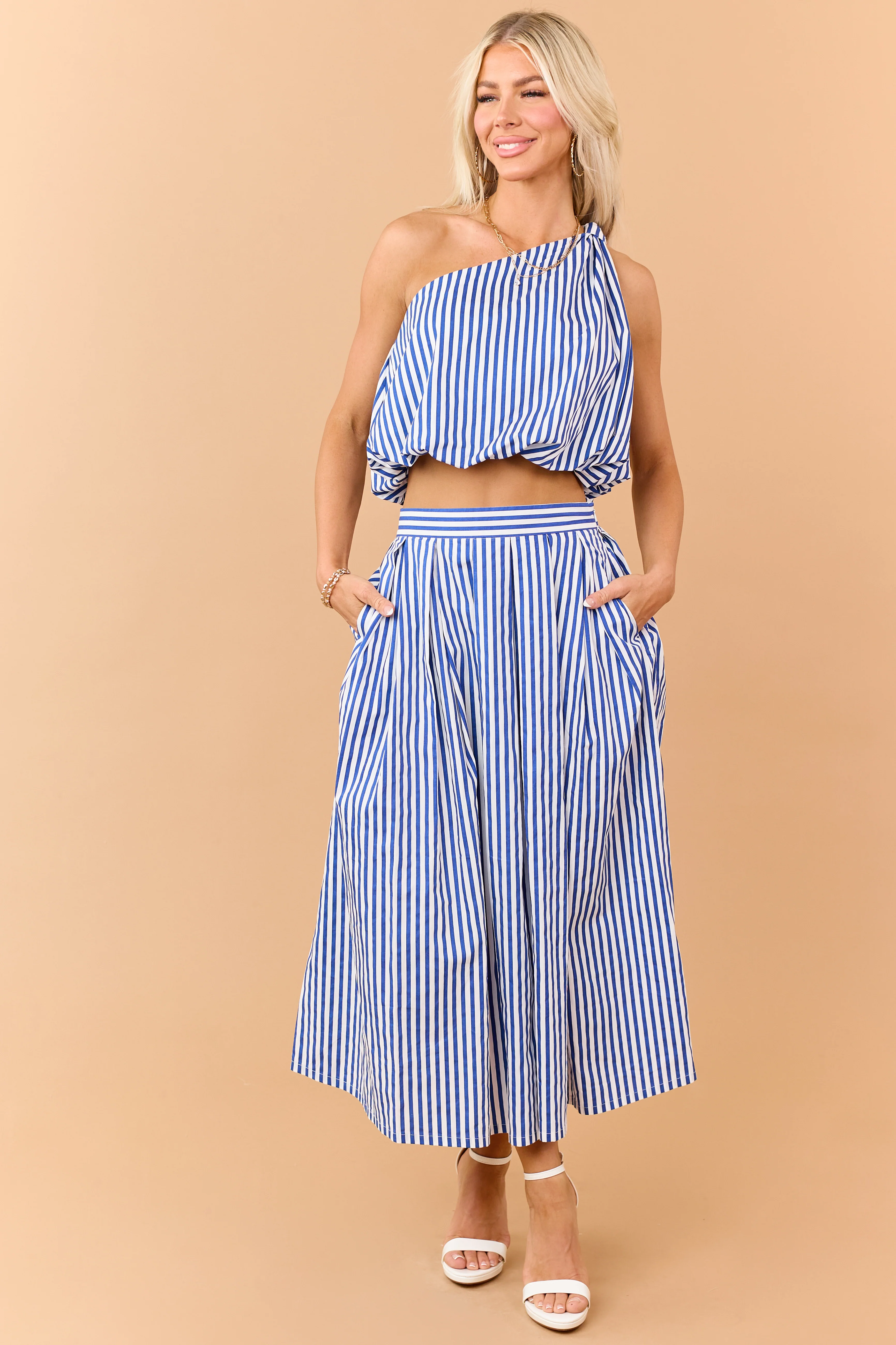 Cobalt and Off White Striped Cotton Maxi Skirt - Image 4