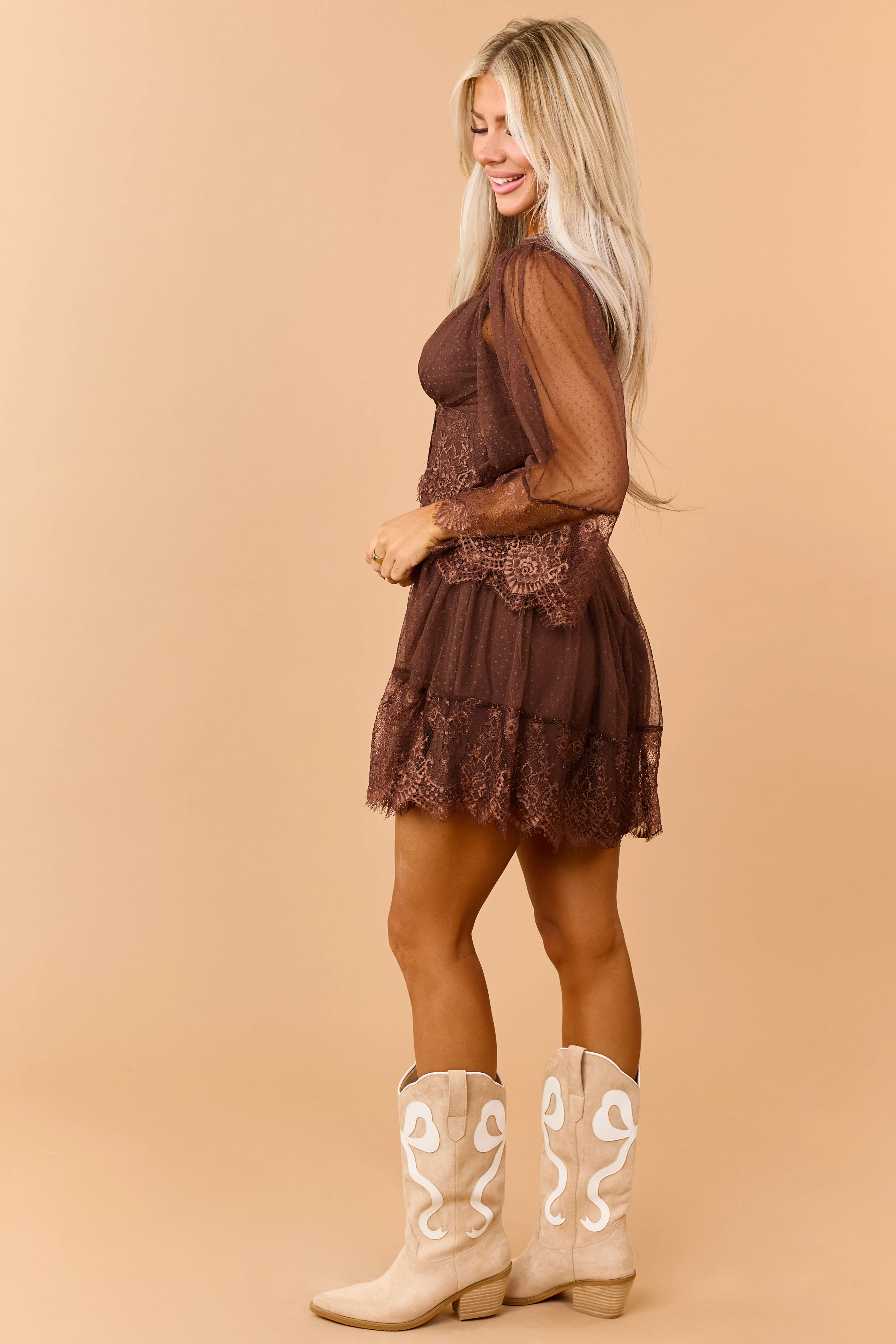 Cocoa Dotted Mesh Lace Trim Deep V Mini Dress - Image 5