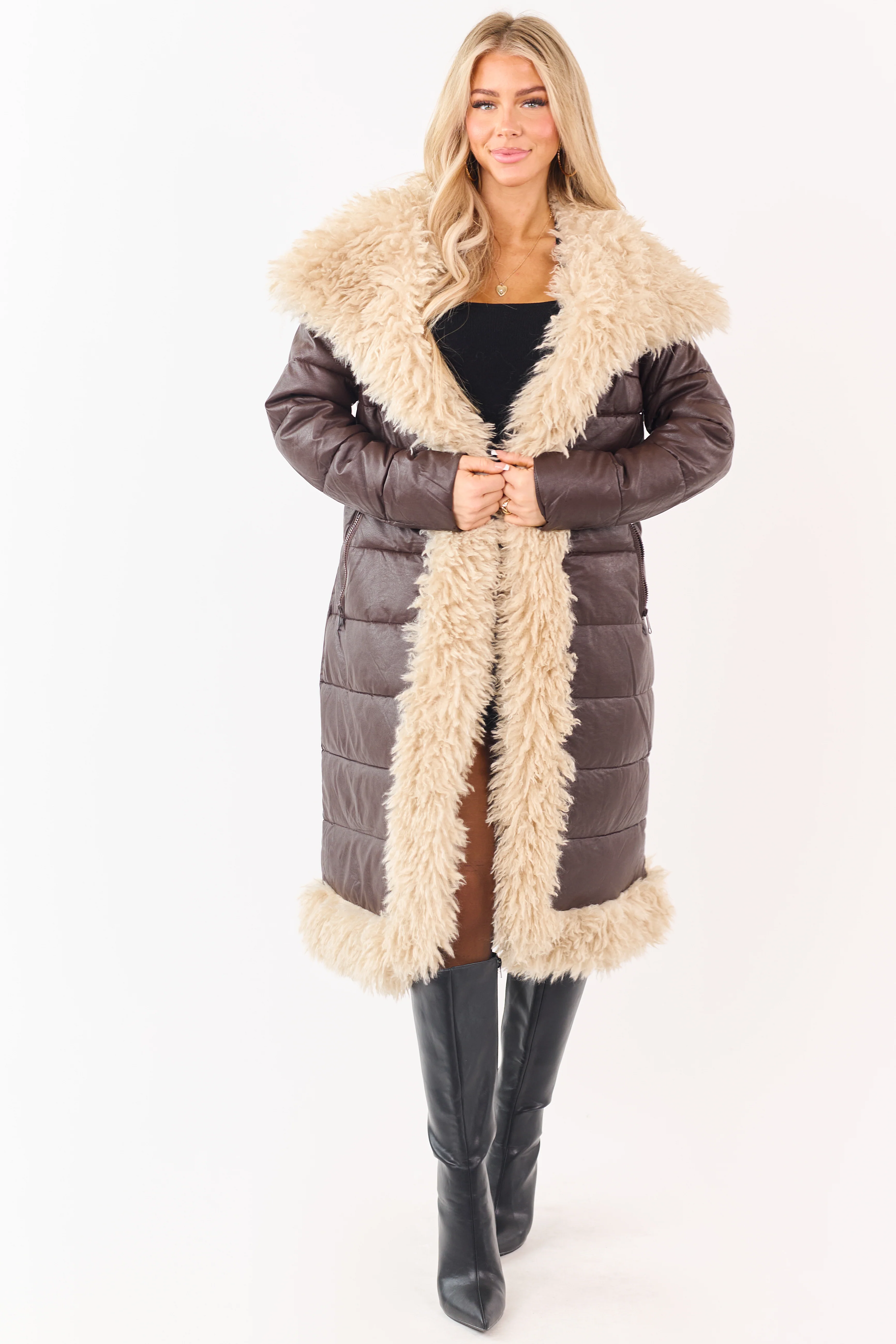 Cocoa Longline Puffer Coat with Contrast Fur Trim - Image 4