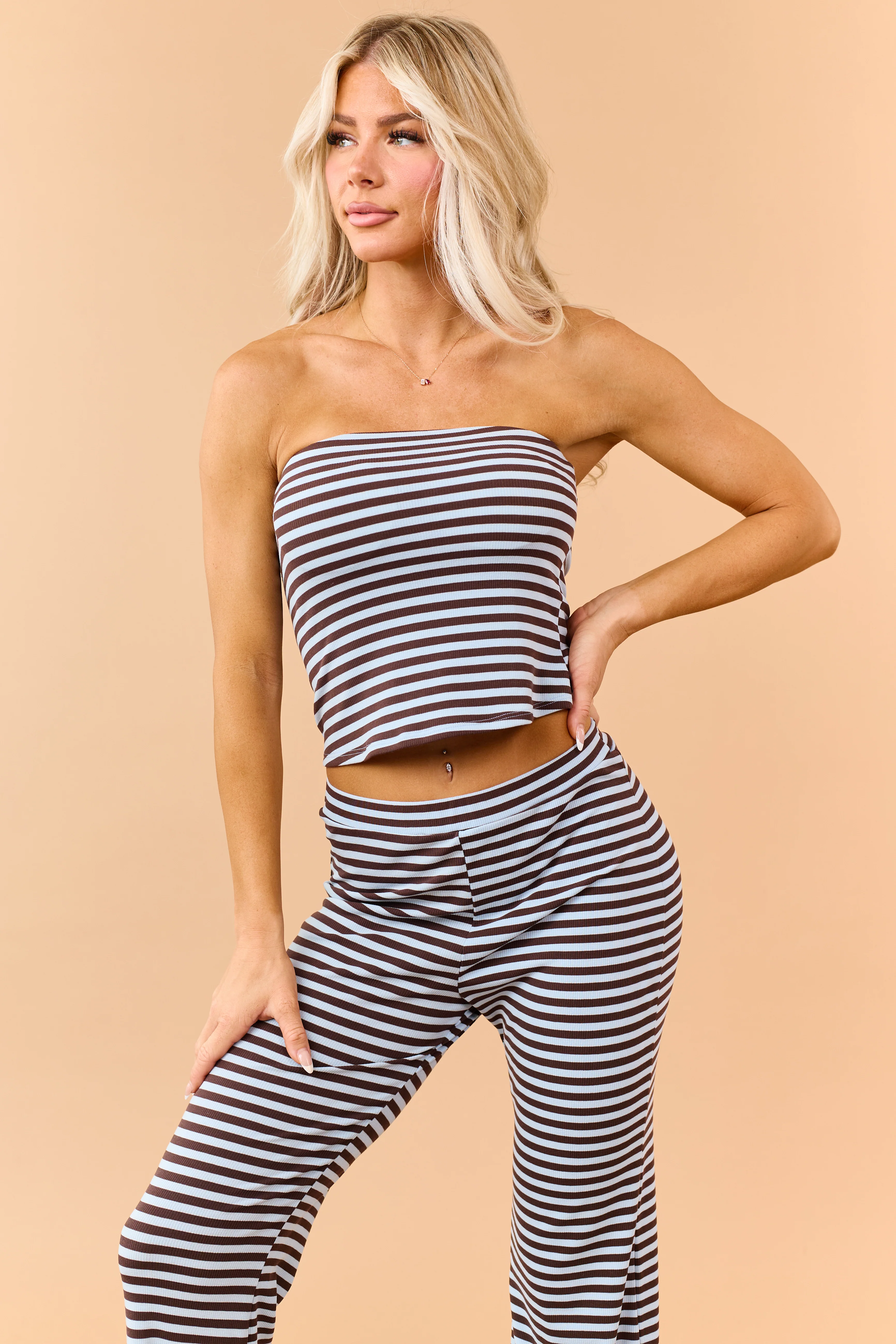 Cocoa Striped Strapless Top and Knit Pants Set - Image 4