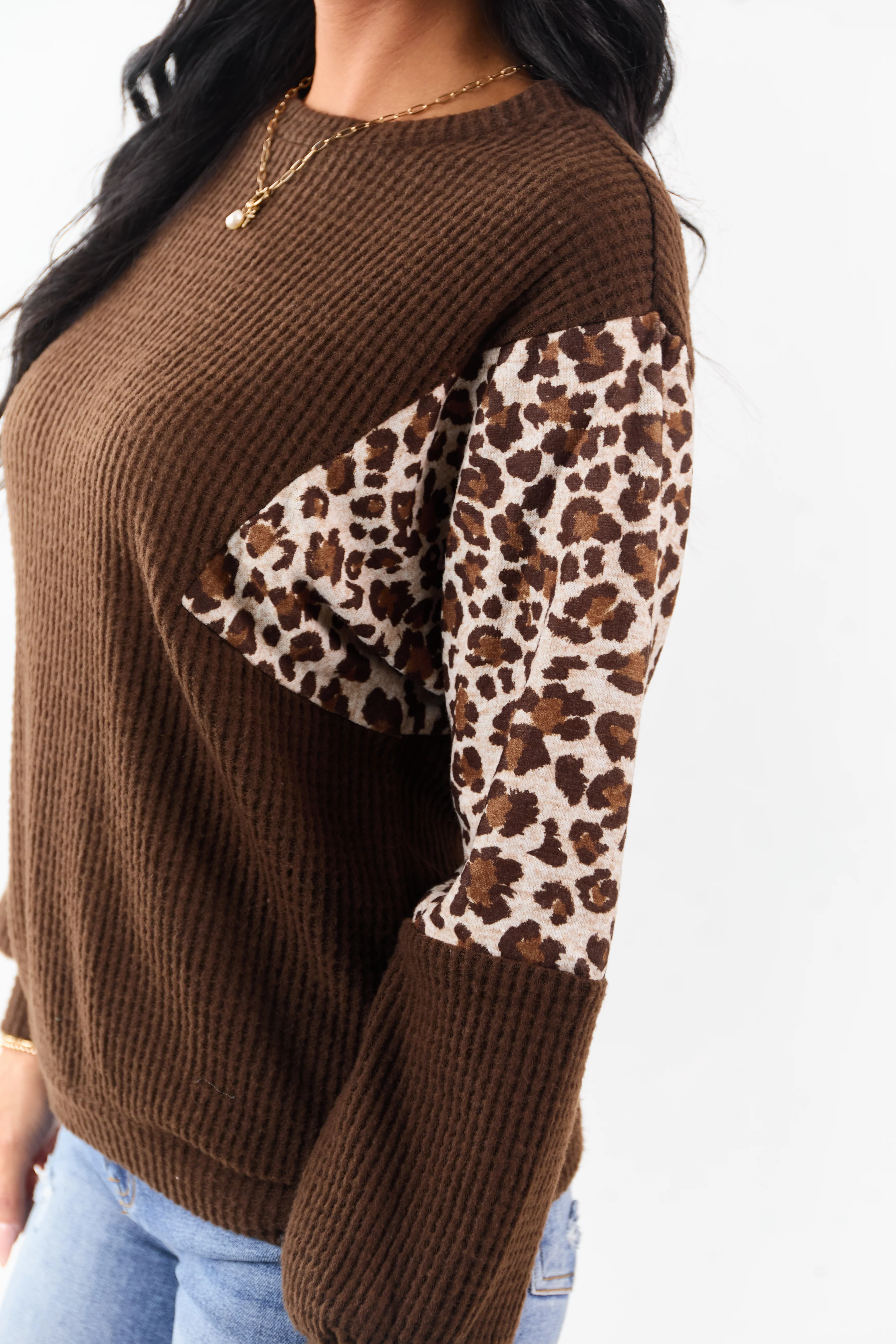 Cocoa Waffle Knit Contrast Leopard Print Sweater - Image 6