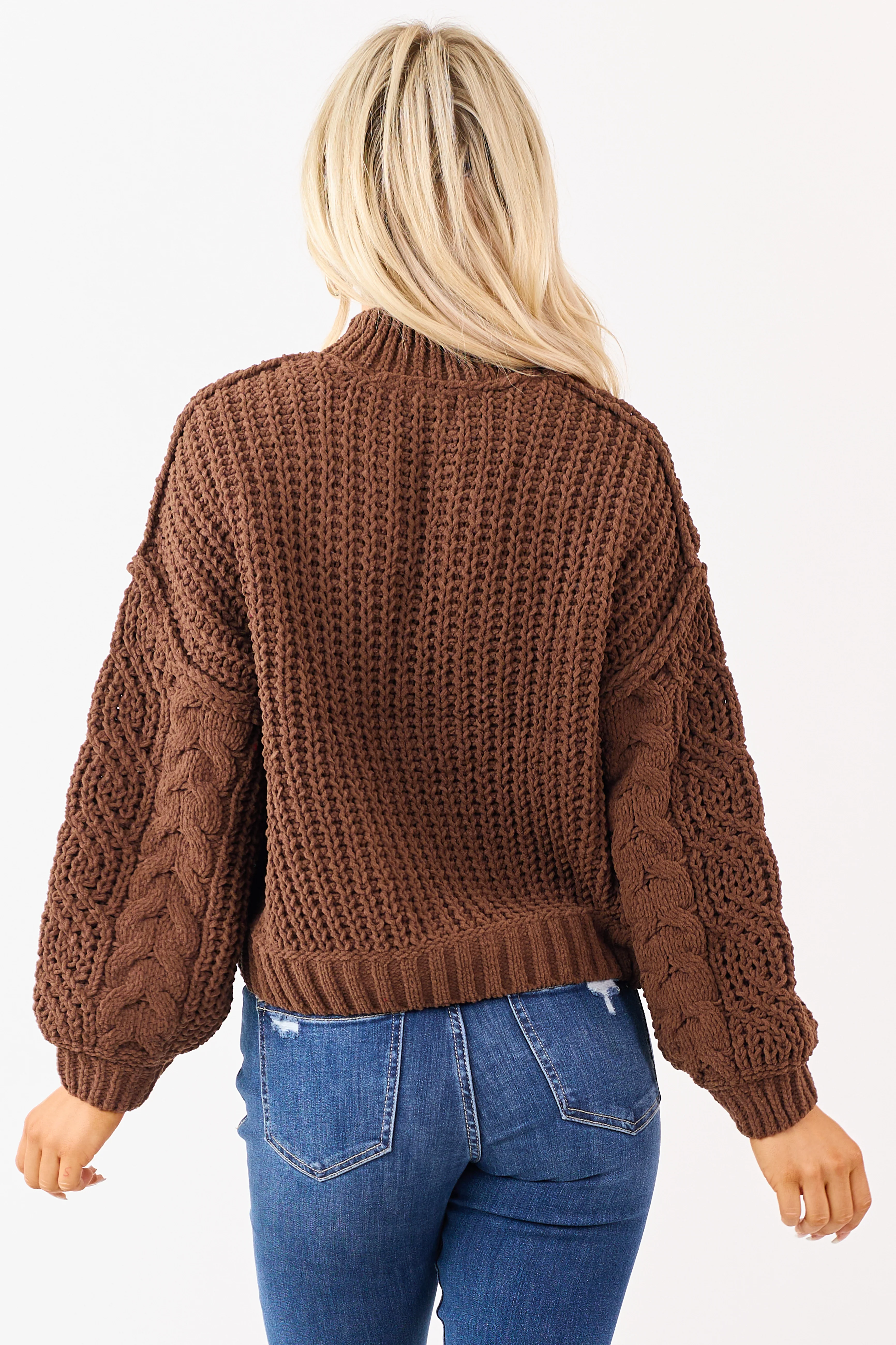Coffee Cable Knit High Neck Sweater - Image 5