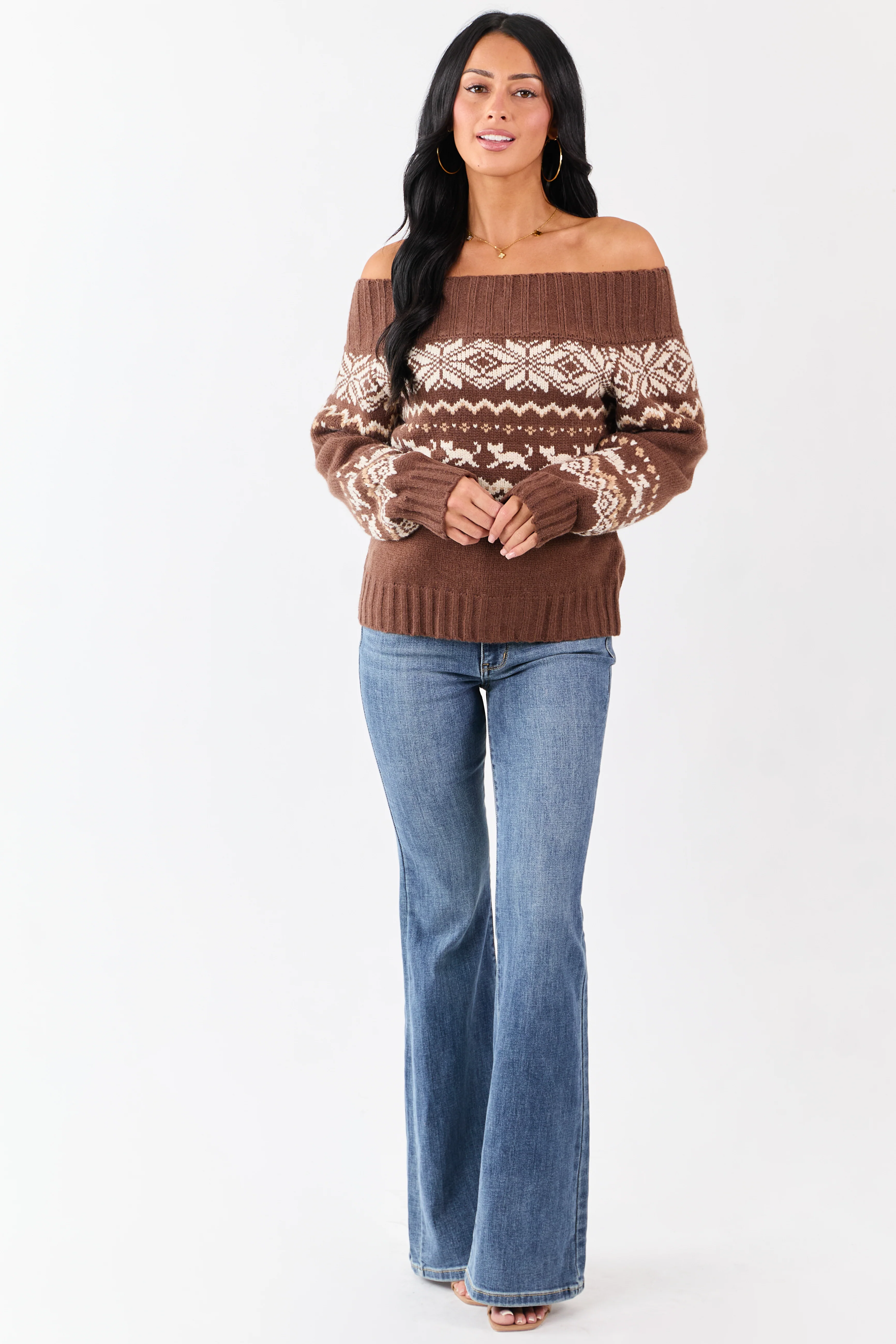 Coffee Fair Isle Pattern Off Shoulder Knit Sweater - Image 2