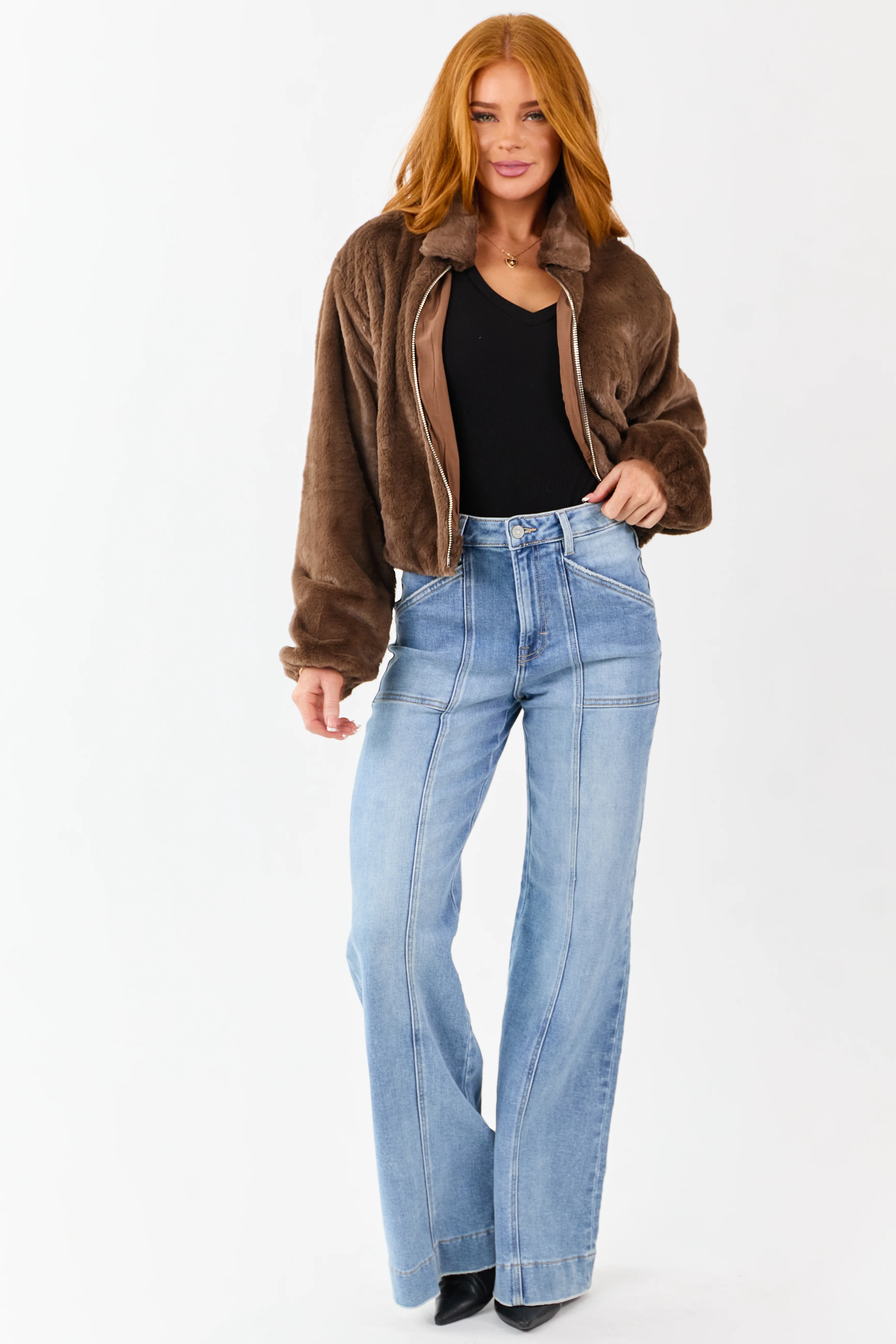 Coffee Faux Fur Collared Zip Up Jacket with Pockets - Image 3