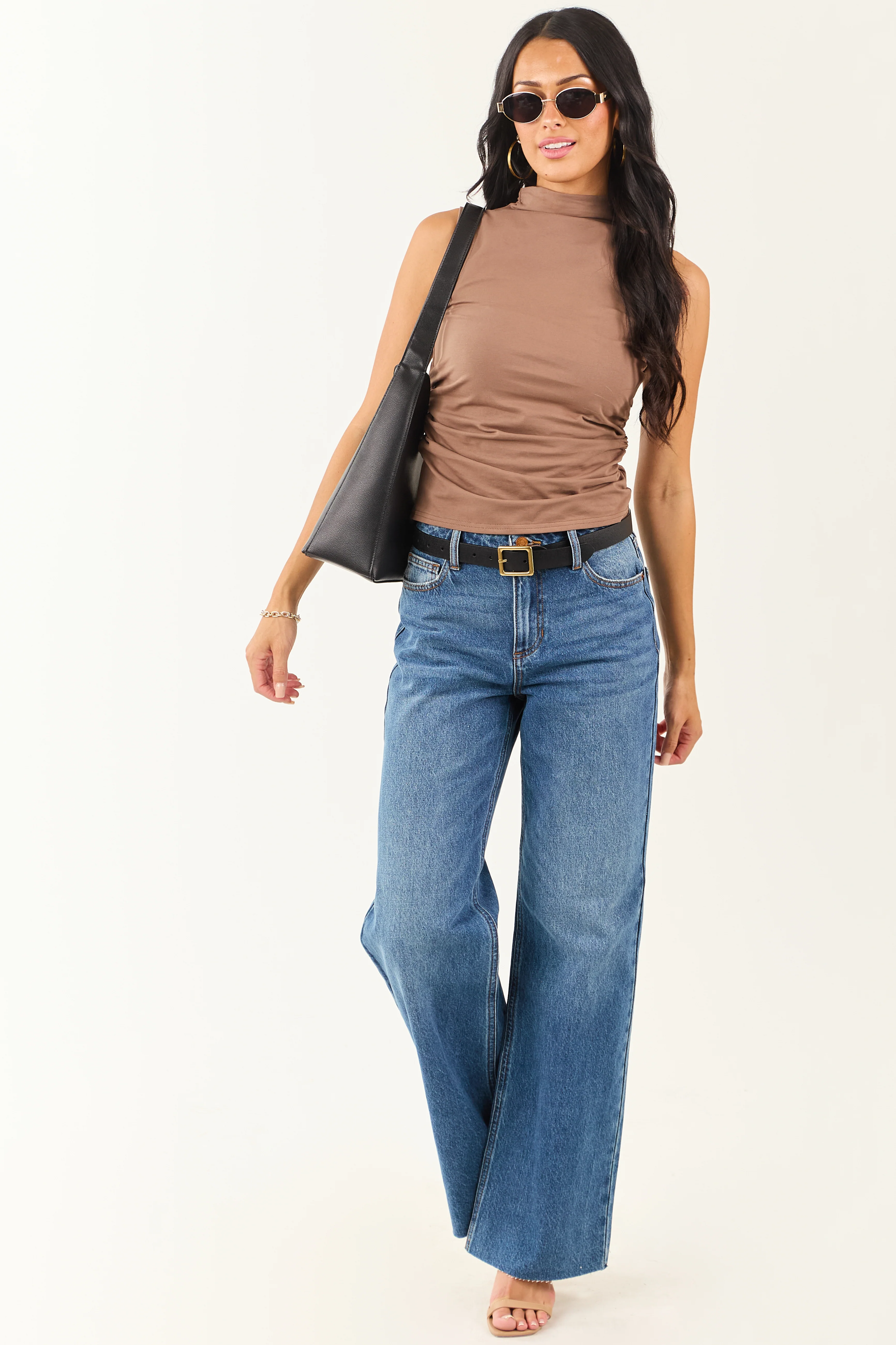 Coffee Mock Neck Ruched Knit Tank Top - Image 2