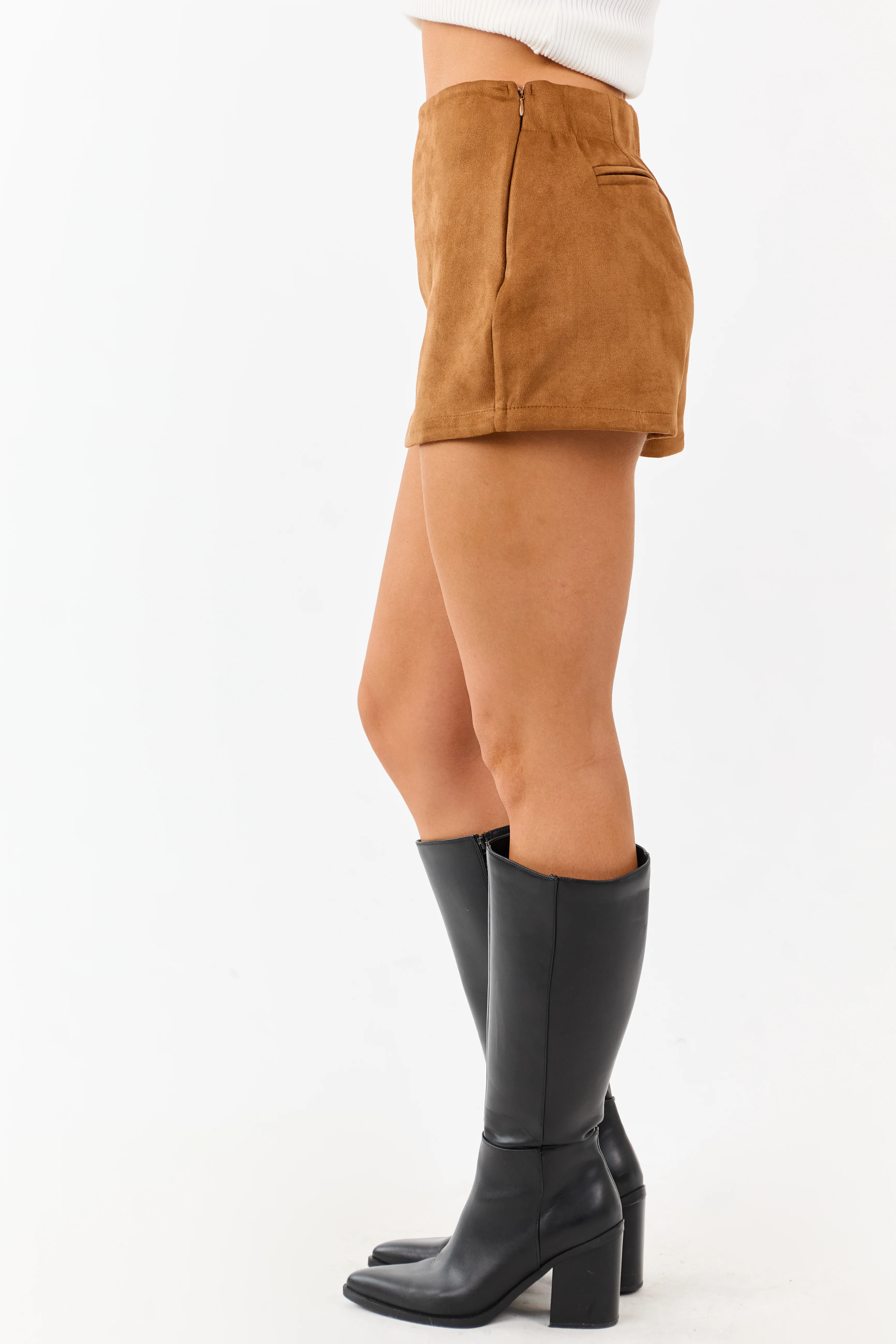Cognac Faux Suede Front Overlay Mini Skort - Image 4