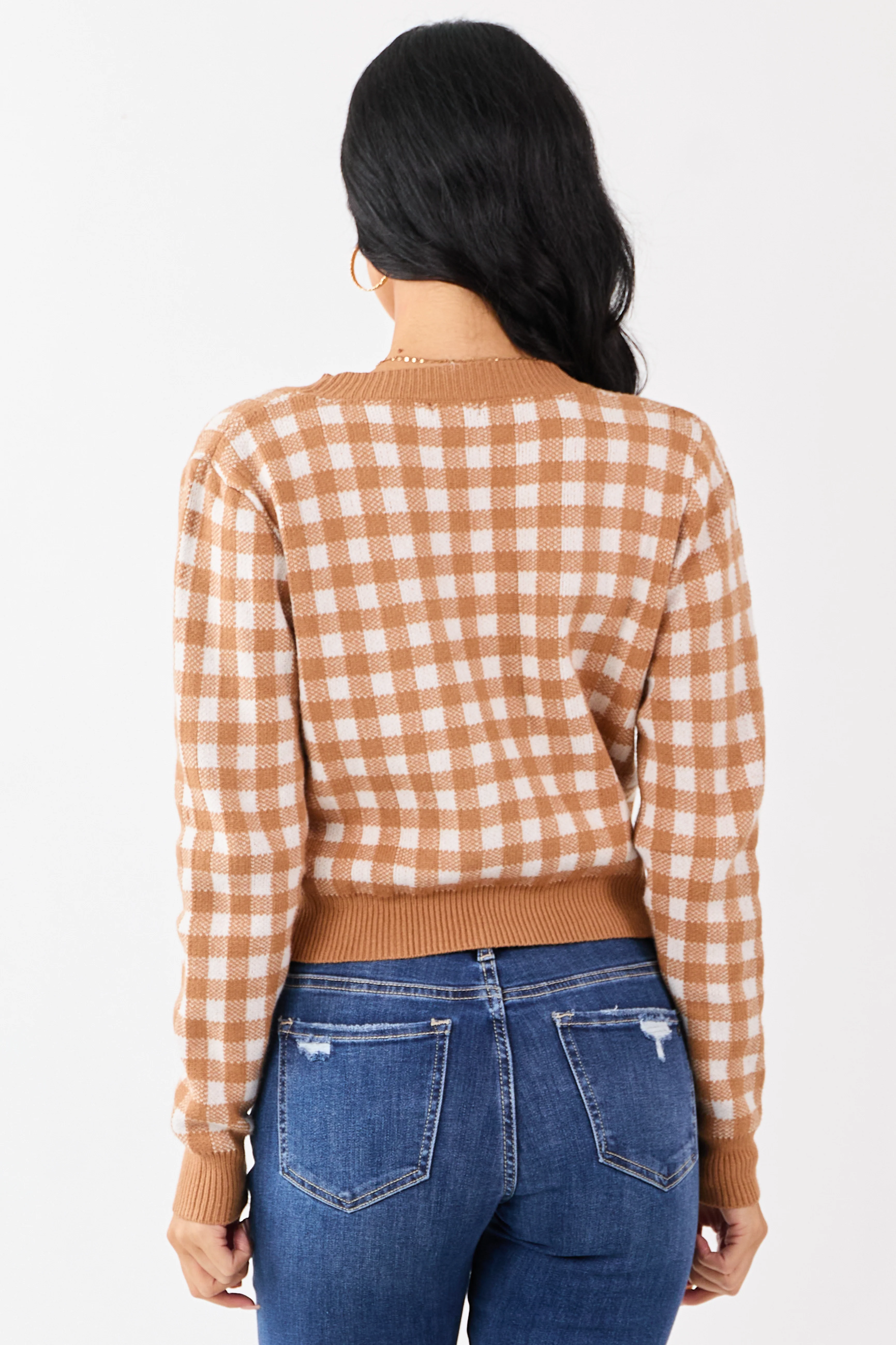 Copper Checkered Button Down Cropped Cardigan - Image 5