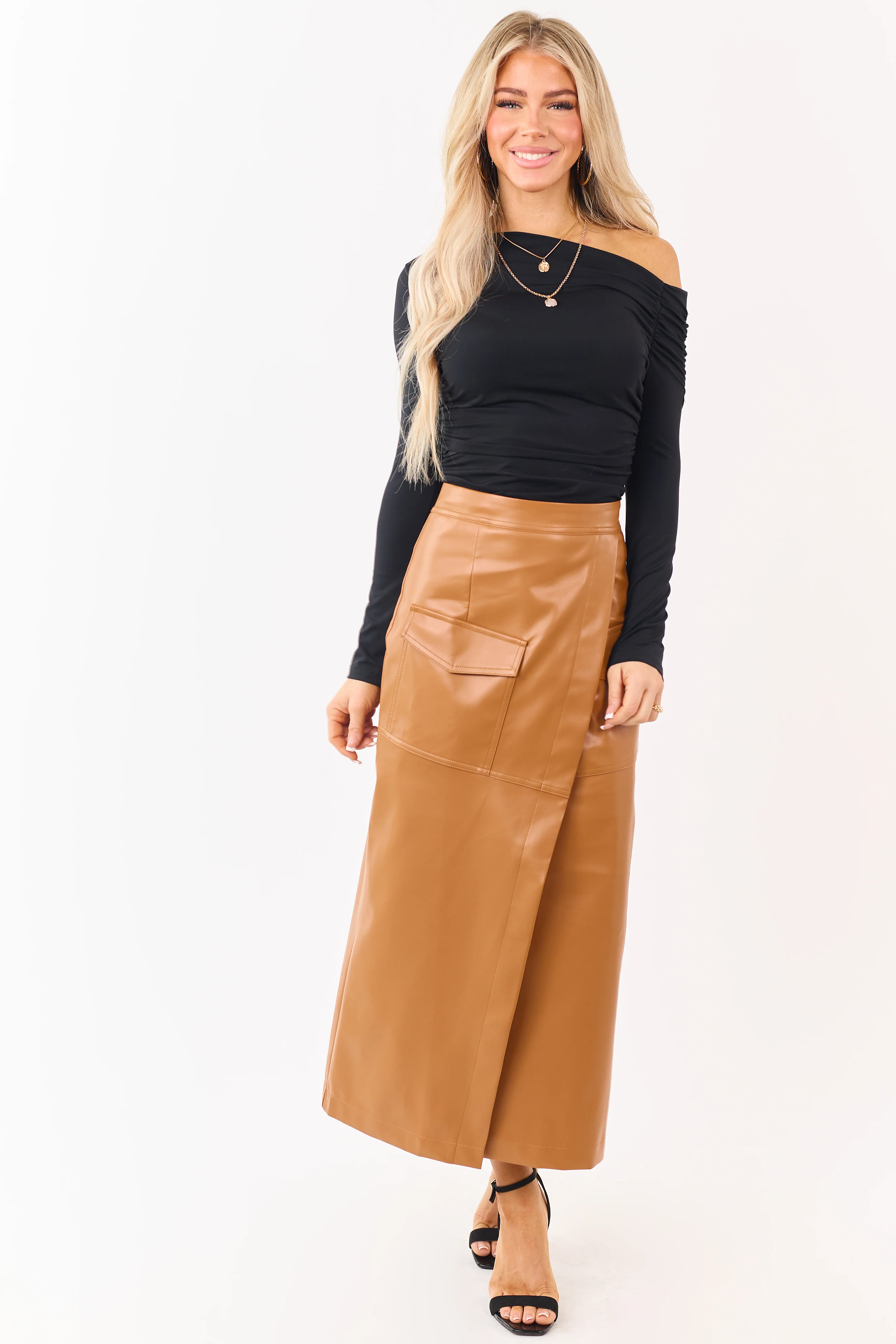 Copper Faux Leather Asymmetrical Wrap Maxi Skirt - Image 5