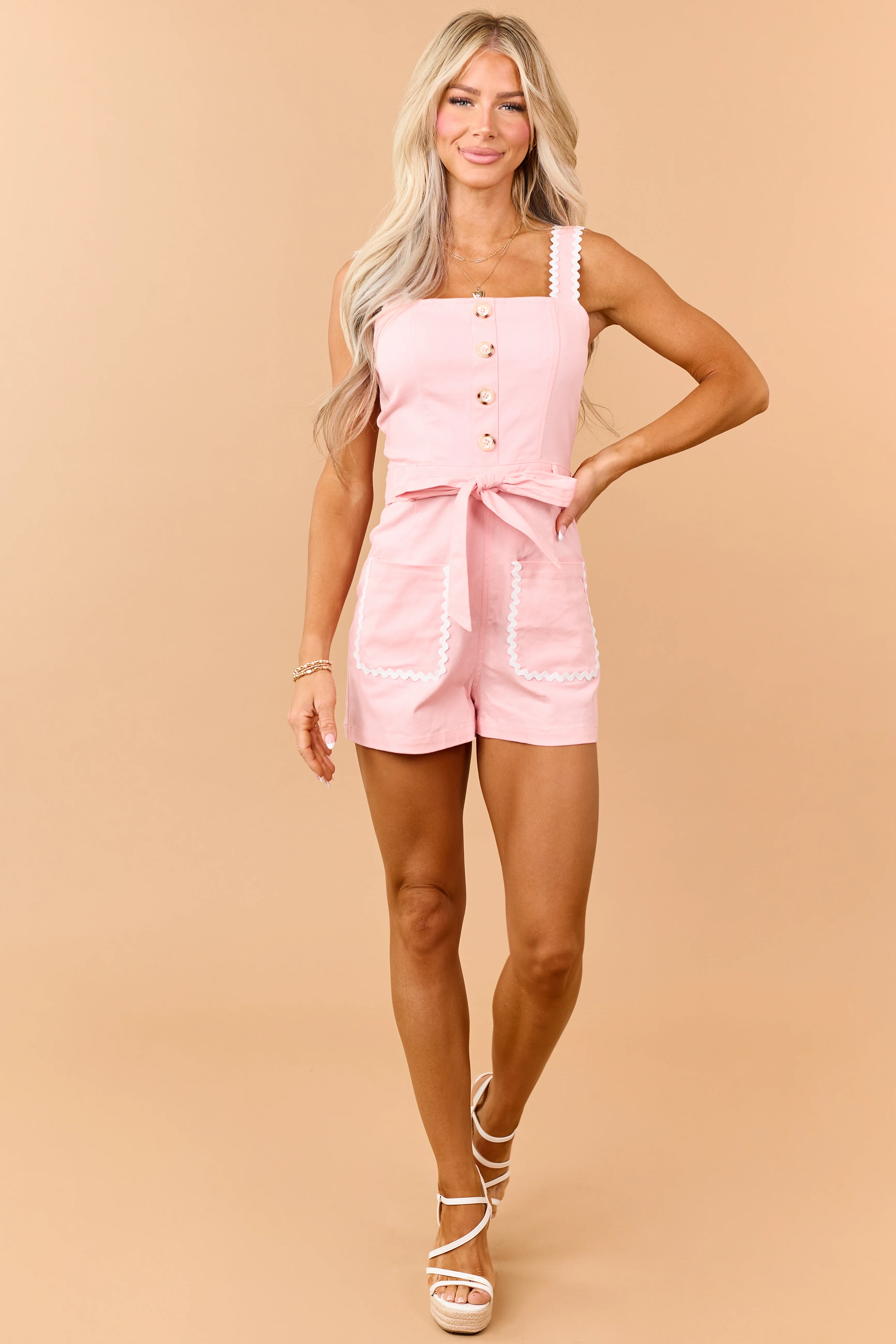 Coral Stretchy Denim Contrast Trim Sleeveless Romper - Image 3
