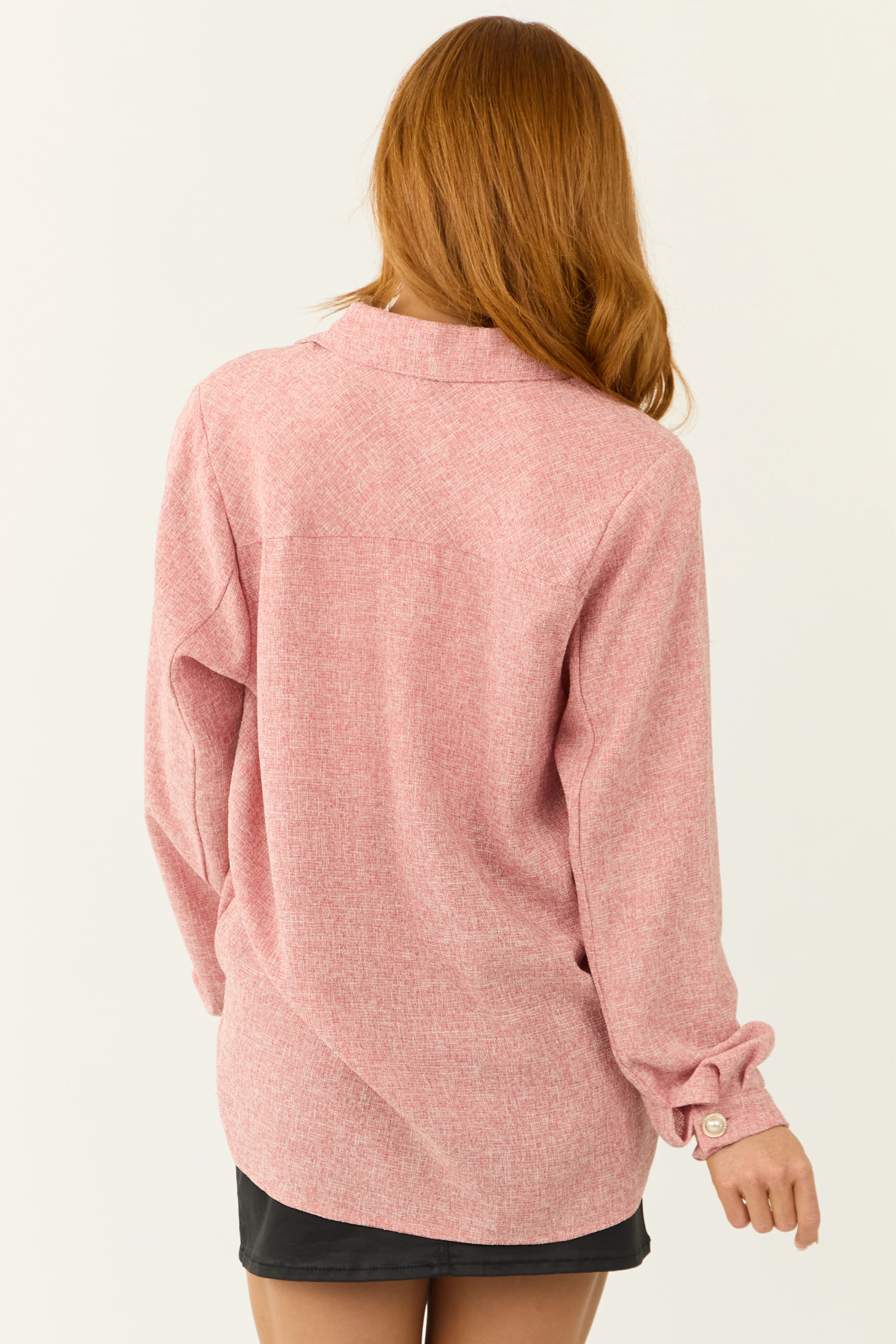 Coral Tweed Embellished Button Light Shacket - Image 5