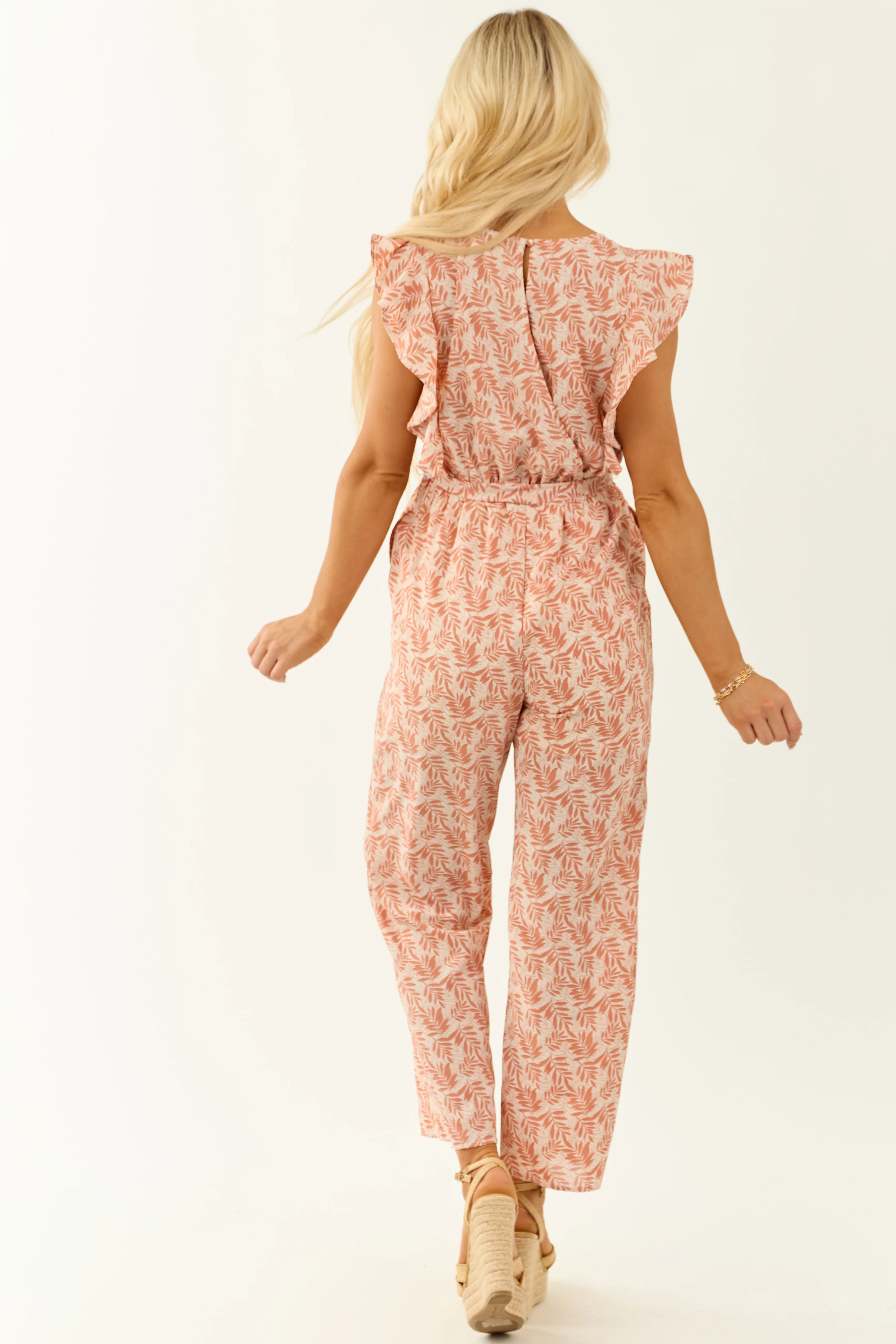Coral and White Floral Print Ruffle Sleeve Jumpsuit - Image 5
