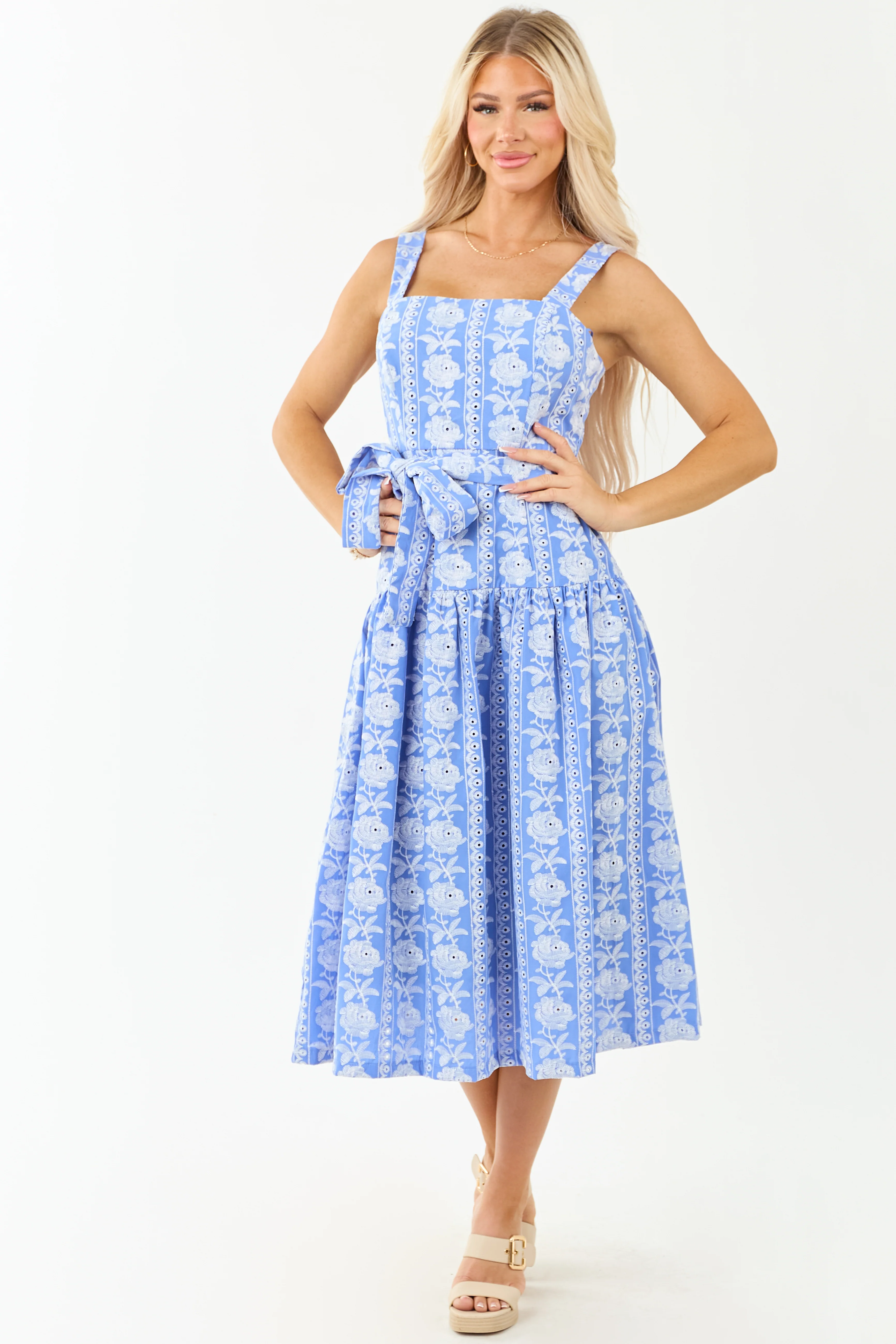 Cornflower Floral Embroidered Waist Tie Midi Dress - Image 3