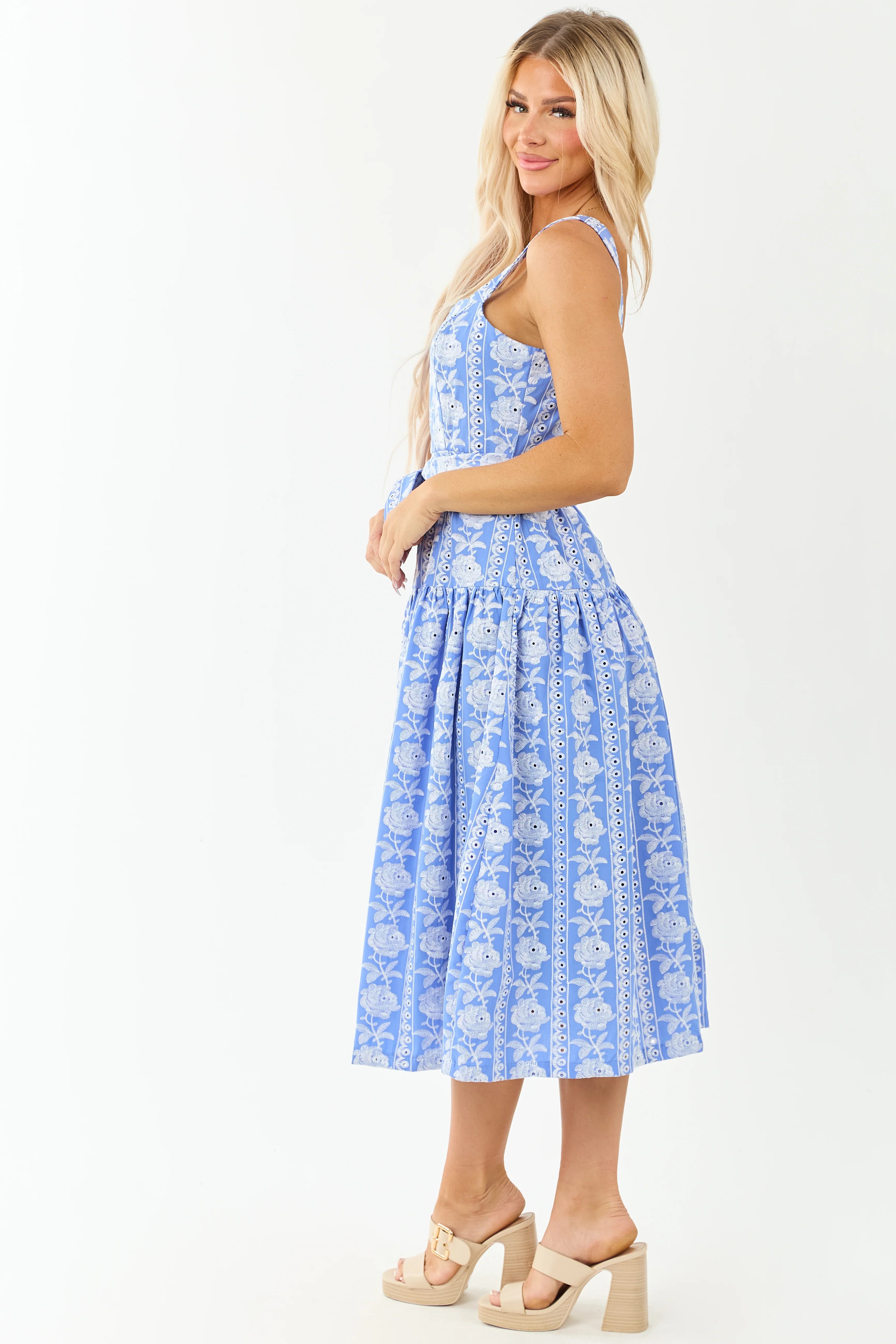 Cornflower Floral Embroidered Waist Tie Midi Dress - Image 5