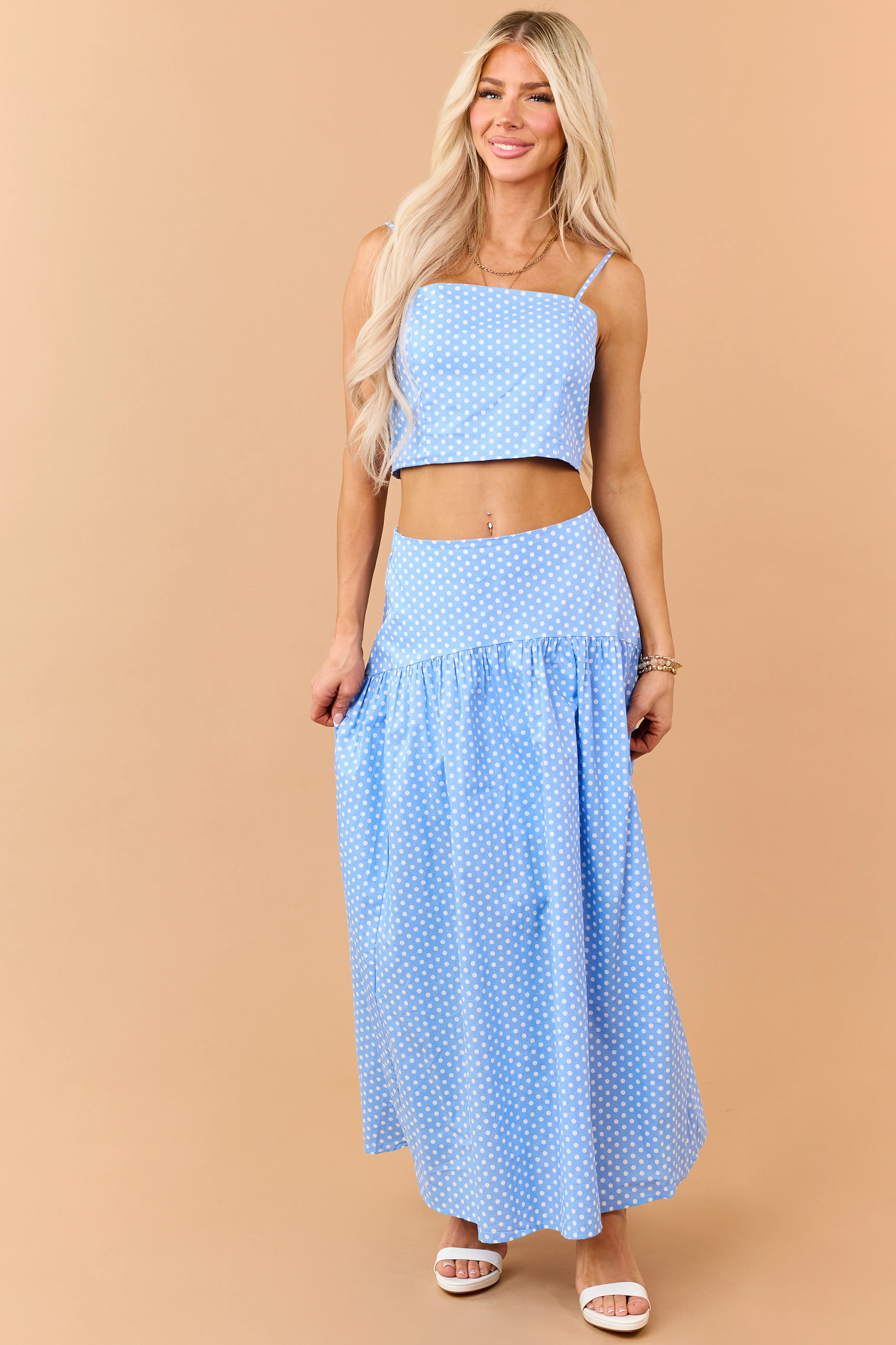 Cornflower and White Polka Dot Cotton Crop Cami Top - Image 3