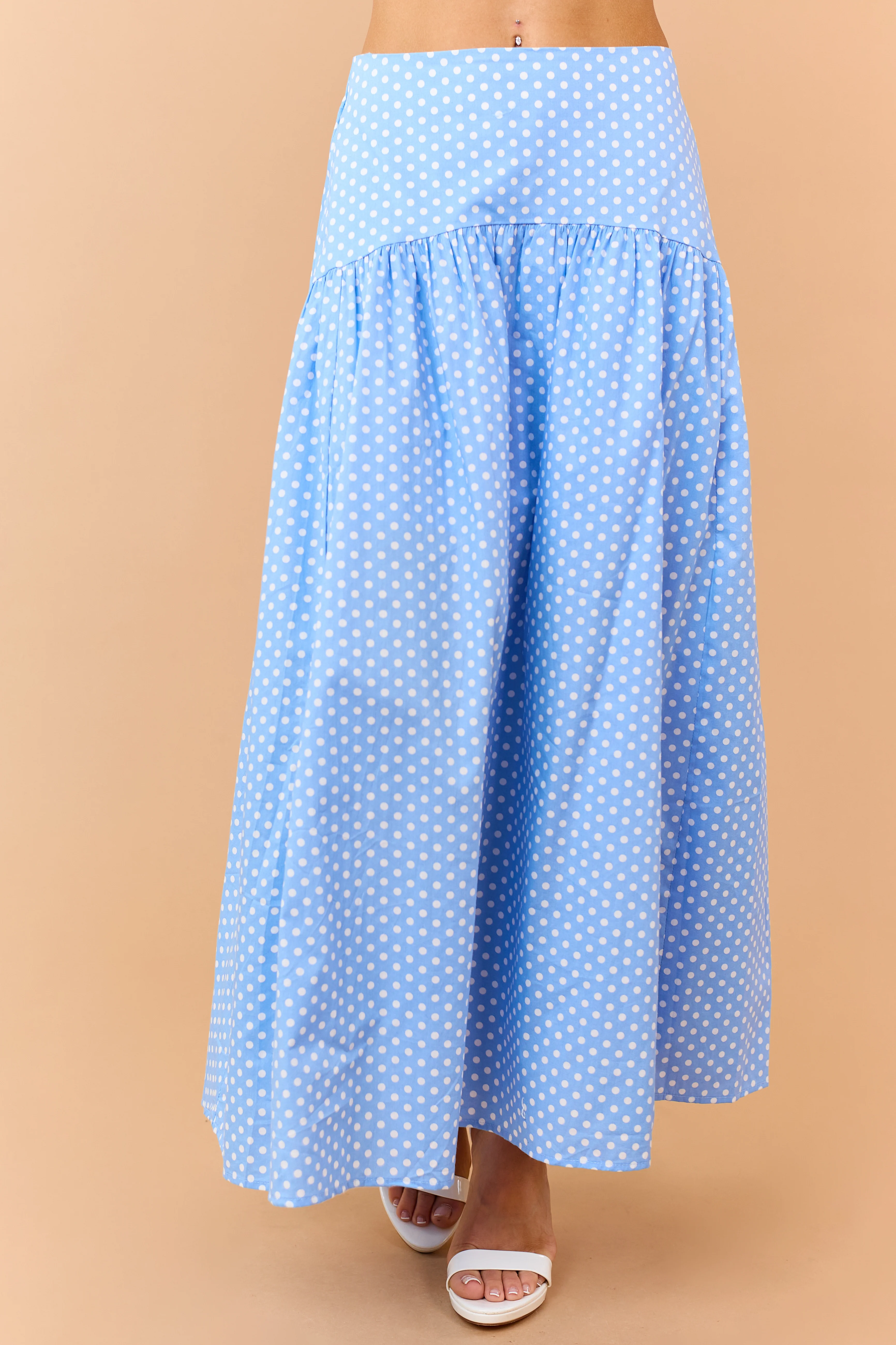 Cornflower and White Polka Dot Cotton Maxi Skirt - Image 2