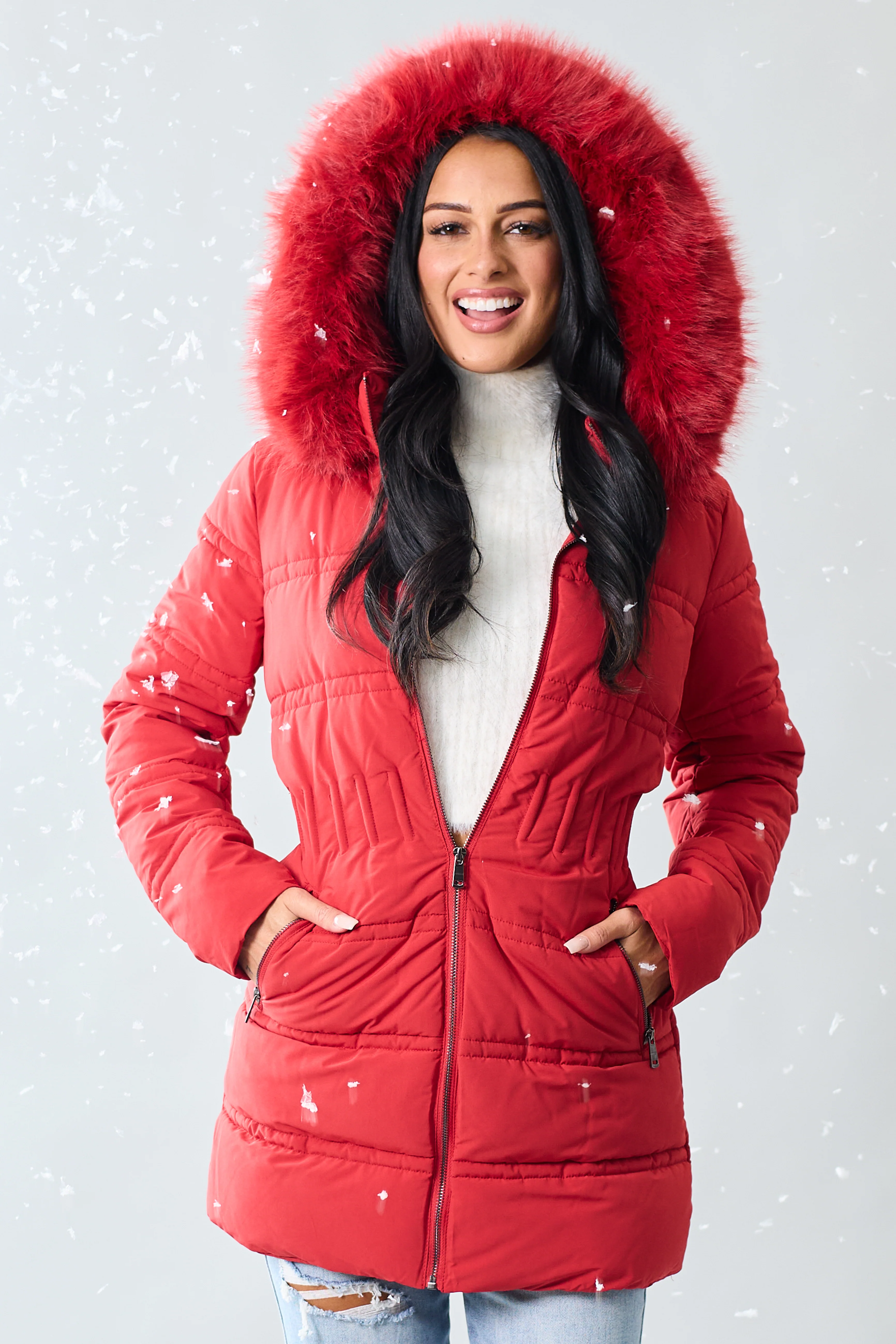Cranberry Fur Lined Hood Zip Up Long Puffer Coat - Image 2
