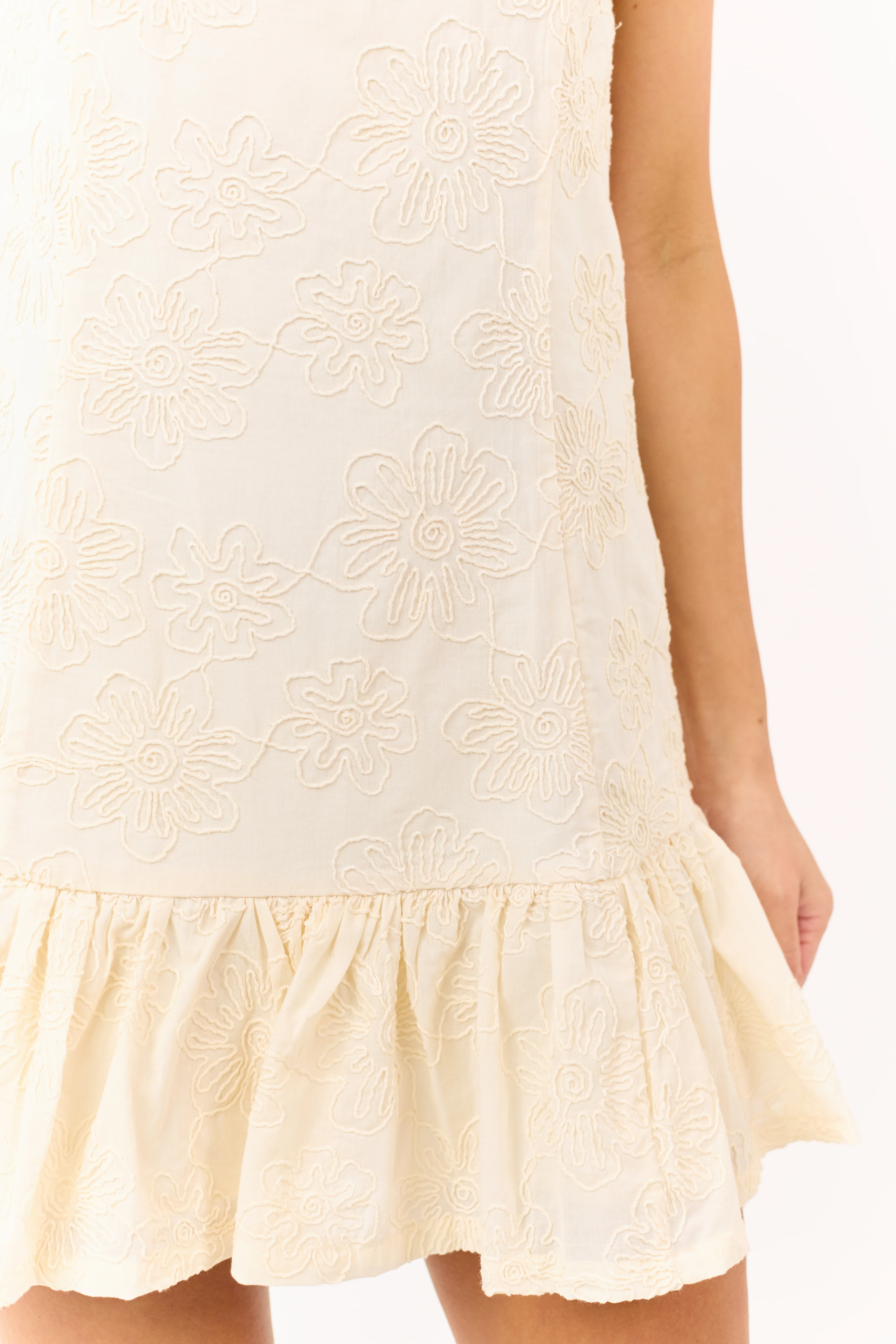 Cream 3D Floral Shoulder Tie Cotton Mini Dress - Image 2