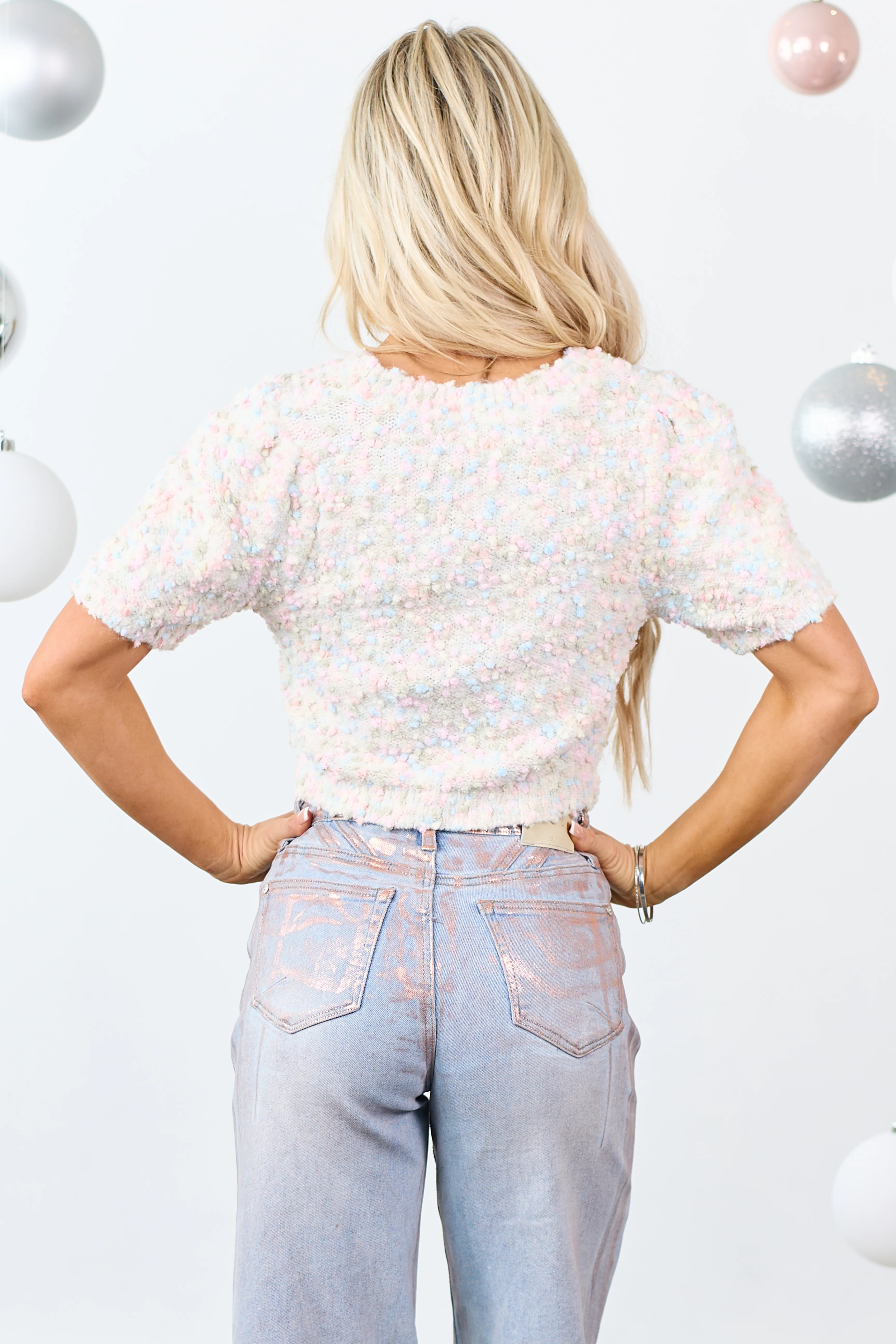 Cream Abstract Popcorn Knit Crop Sweater - Image 6