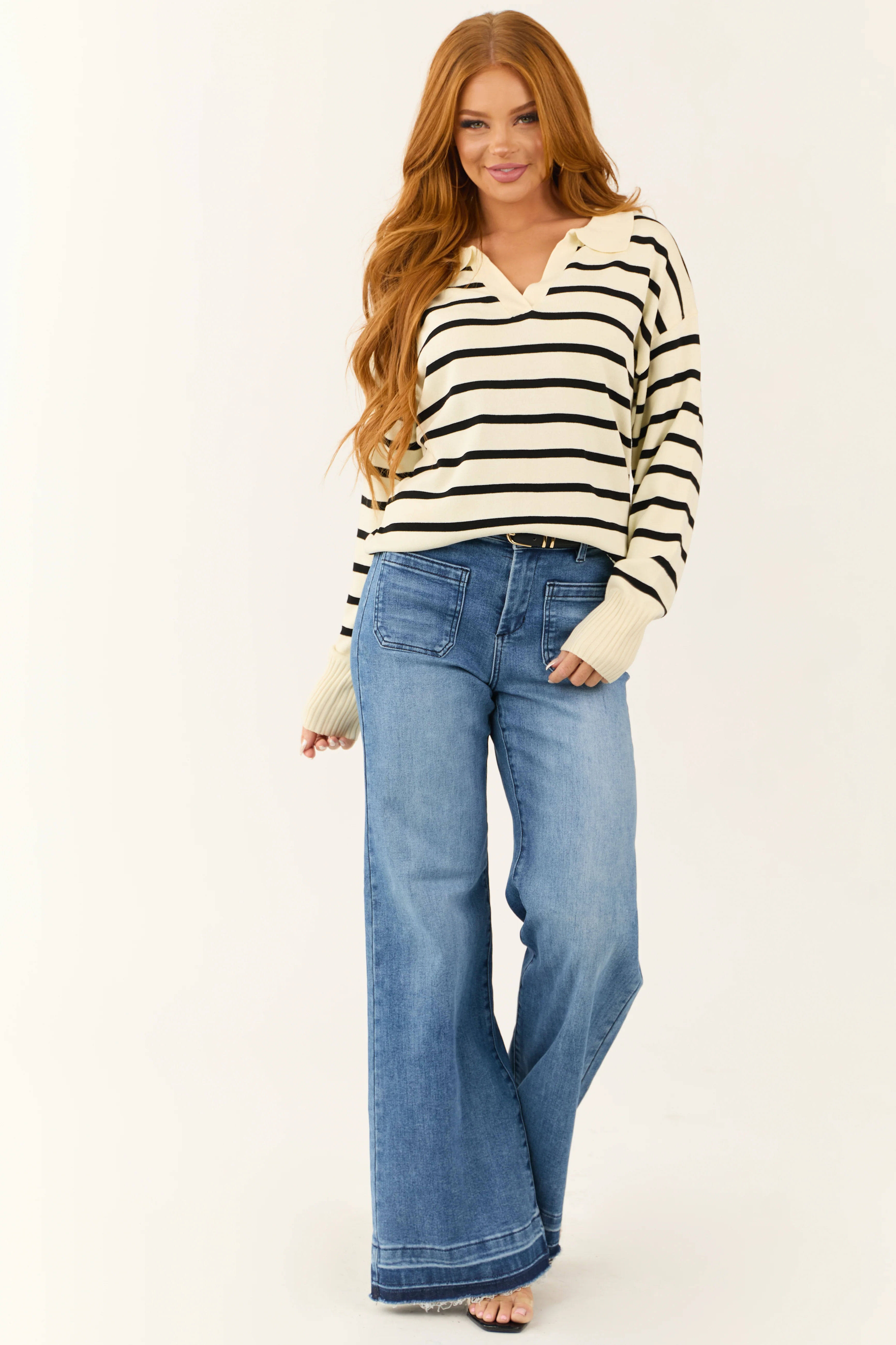 Cream and Black Striped Collared V Neck Sweater - Image 4