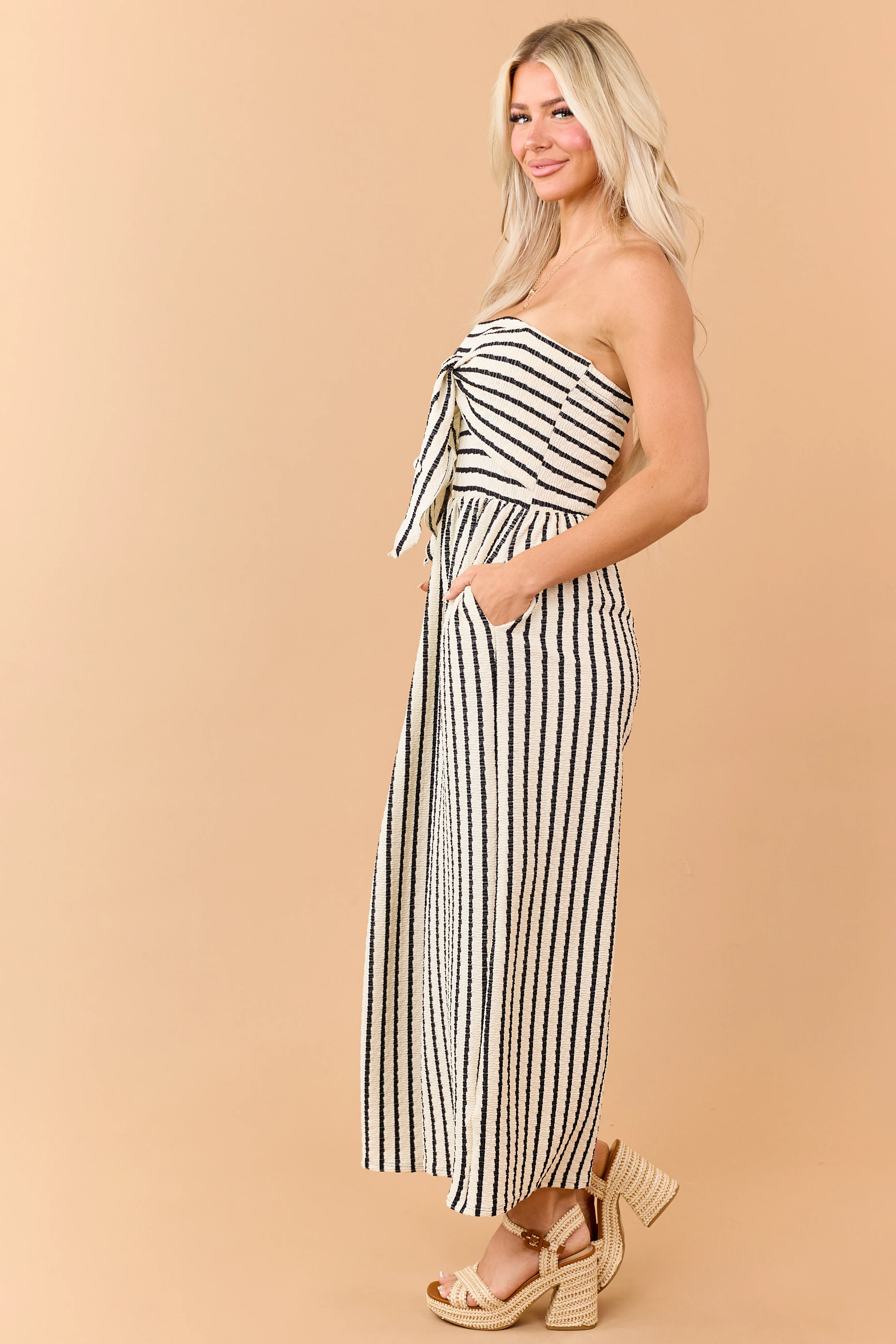 Cream and Black Striped Strapless Jumpsuit - Image 4