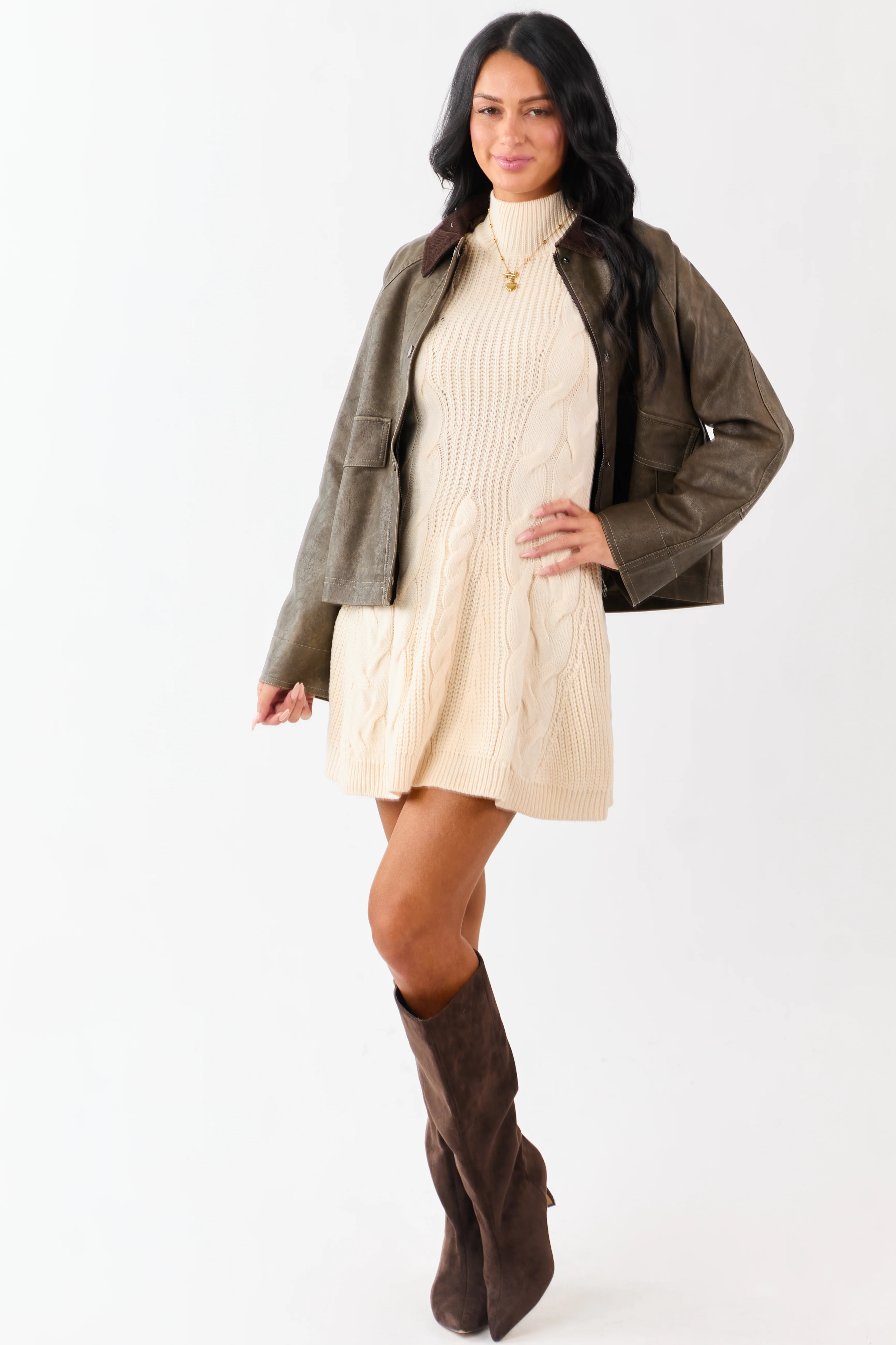 Cream Cable Knit Mock Neck Sleeveless Mini Dress - Image 3