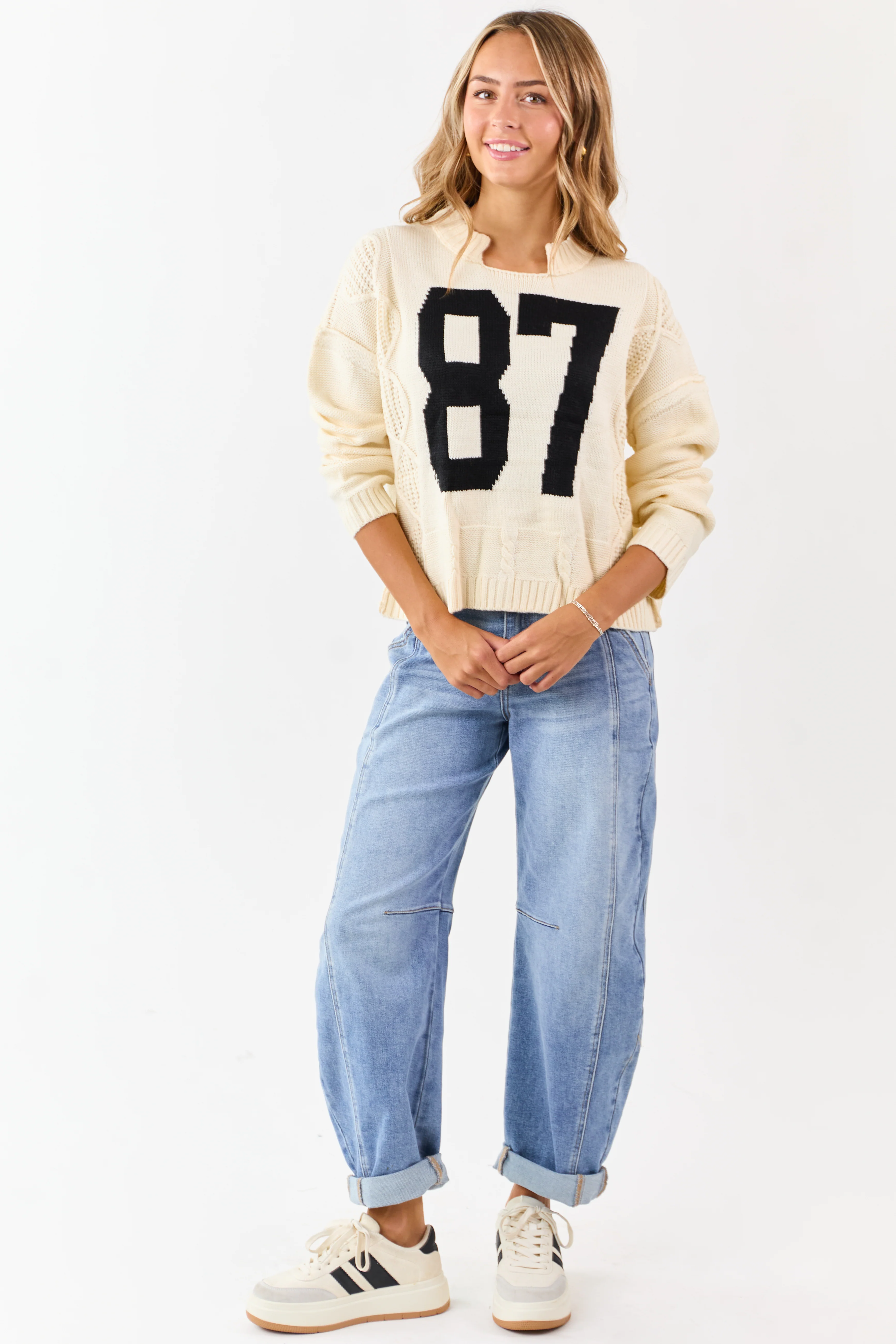 Cream Cable Knit Retro '87' Graphic Sweater - Image 3