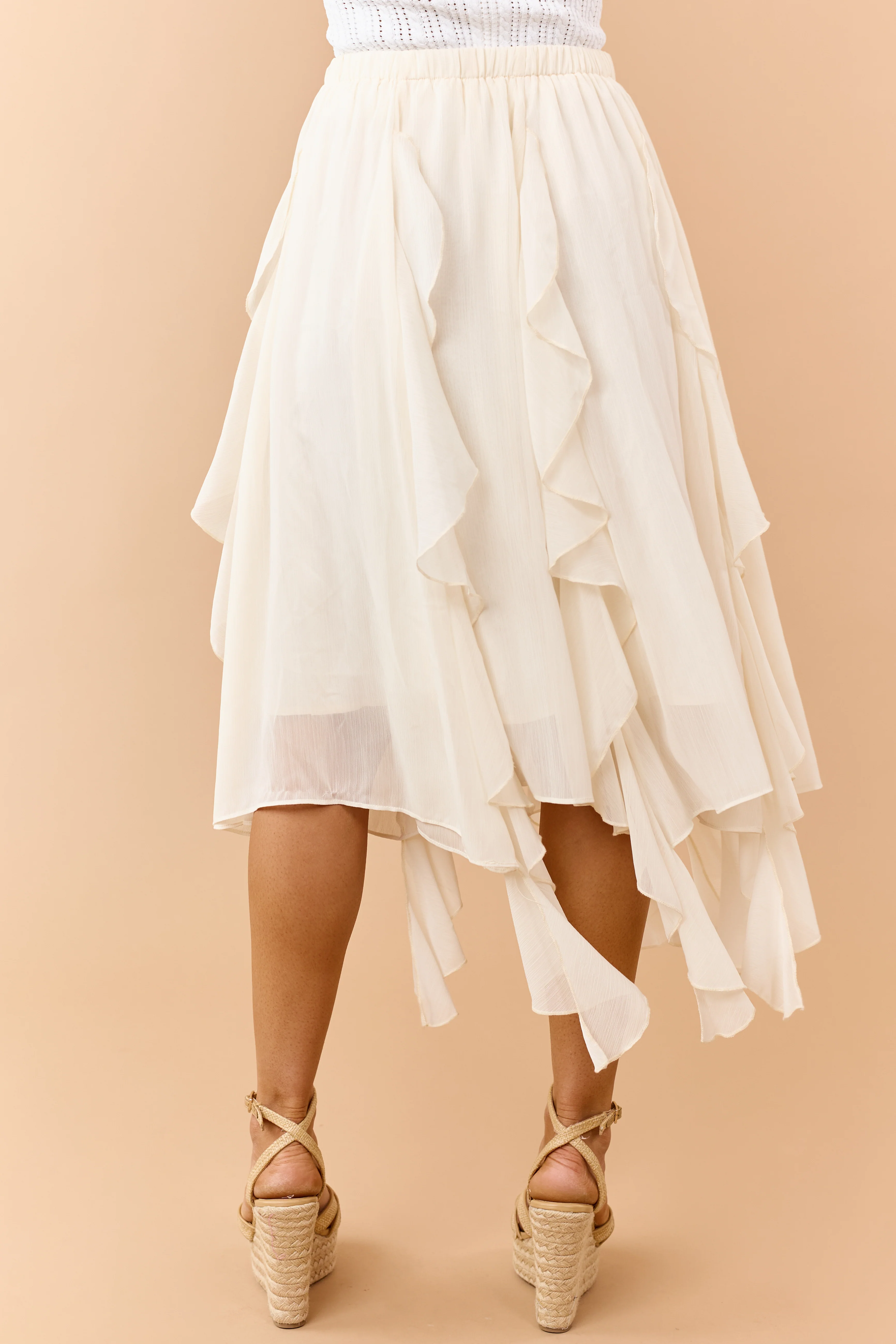 Cream Chiffon Ruffle Handkerchief Hem Midi Skirt - Image 4