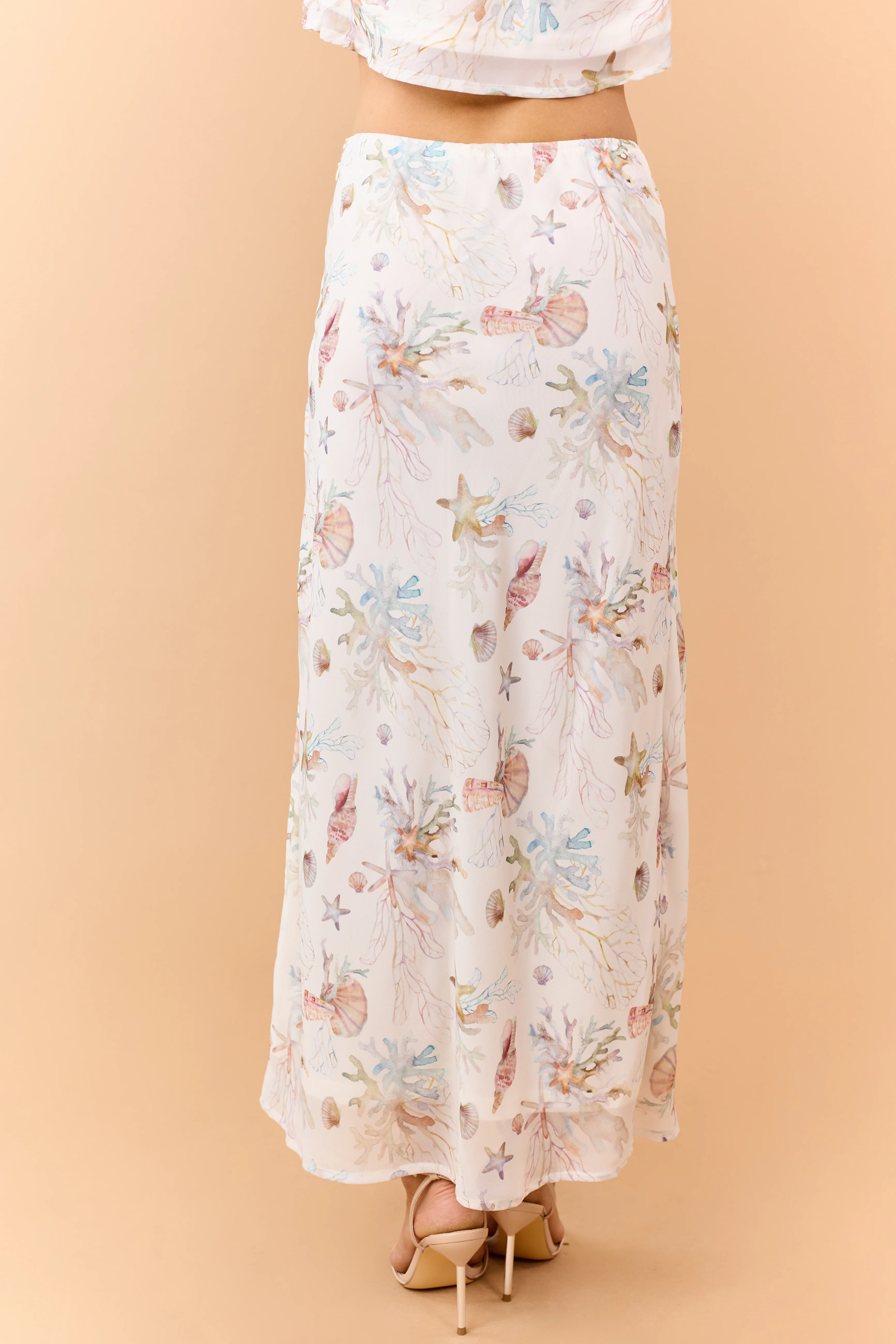 Cream Coral Reef Print Chiffon Side Slit Maxi Skirt - Image 4