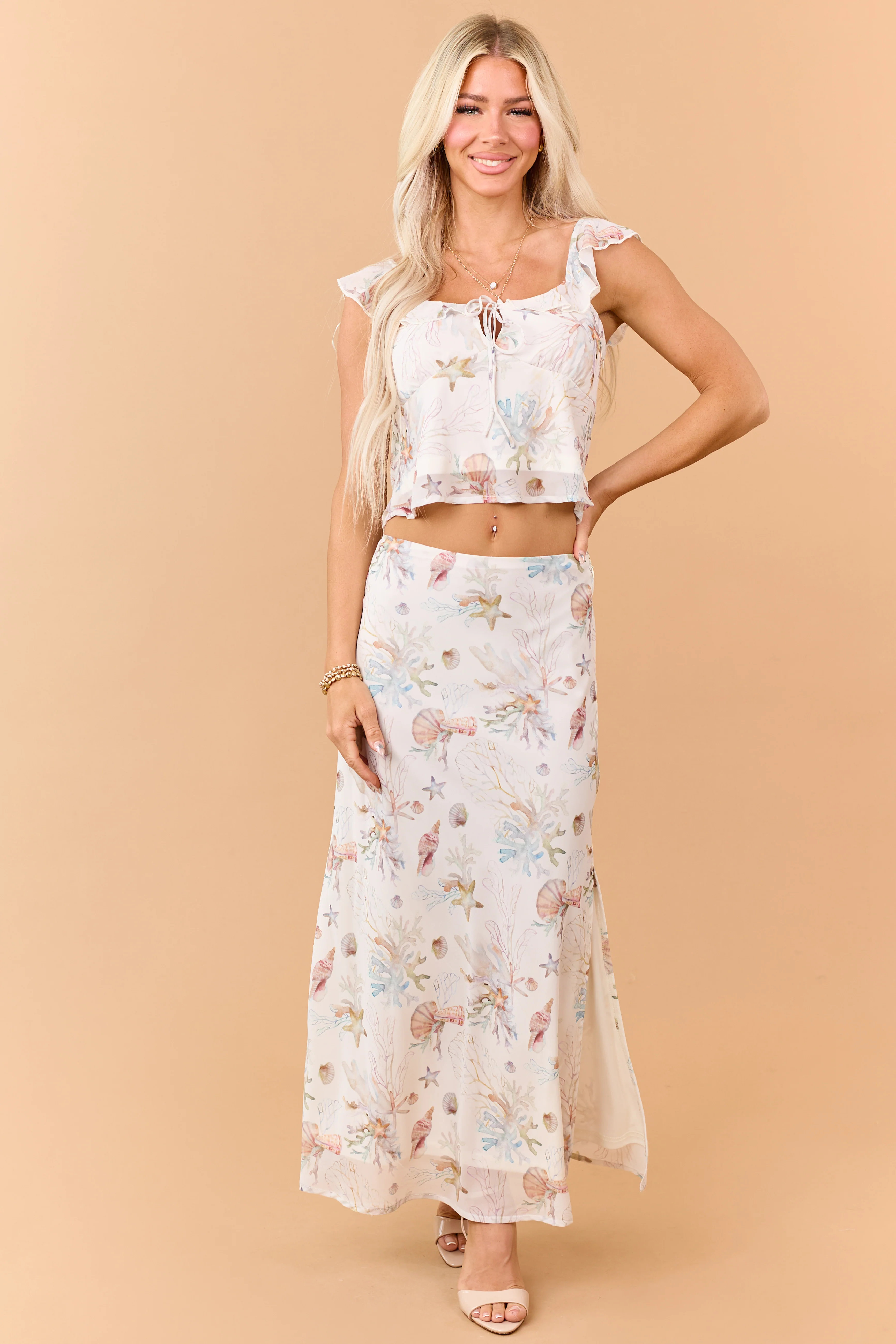 Cream Coral Reef Print Ruffle Front Tie Tank Top - Image 3