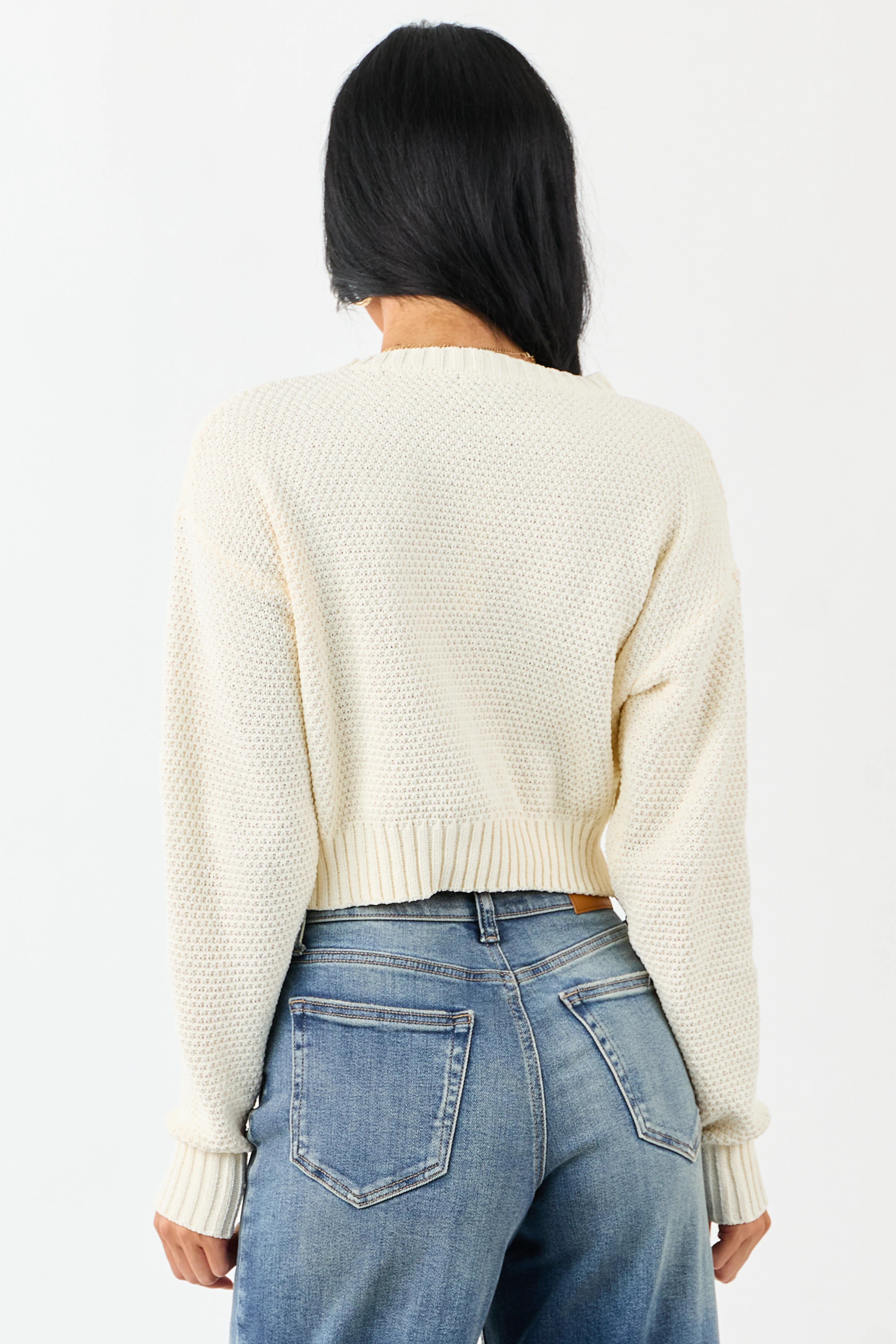 Cream Crochet Knit Bow Detail Crop Sweater - Image 5