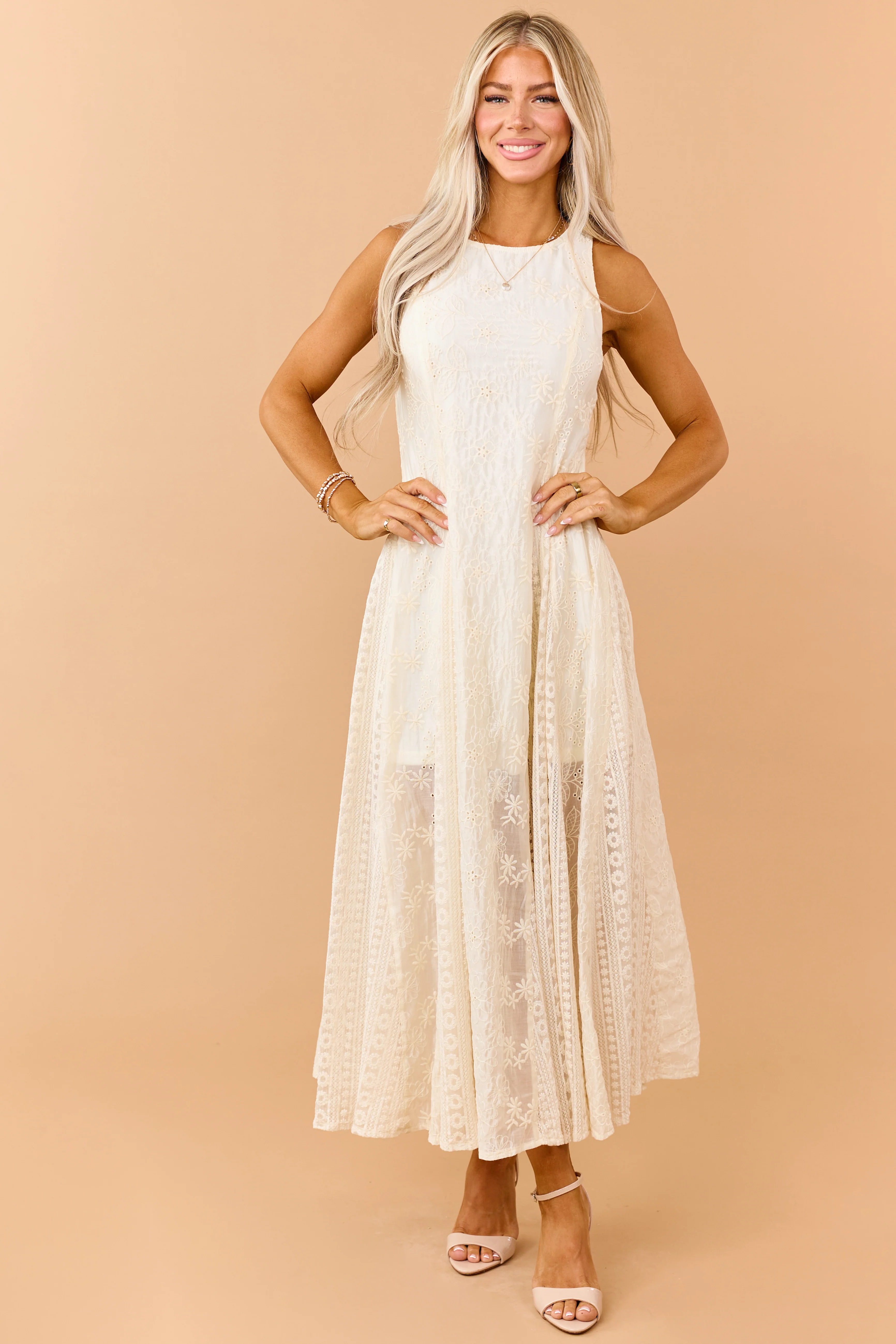 Cream Eyelet Lace Embroidered Sleeveless Maxi Dress - Image 4
