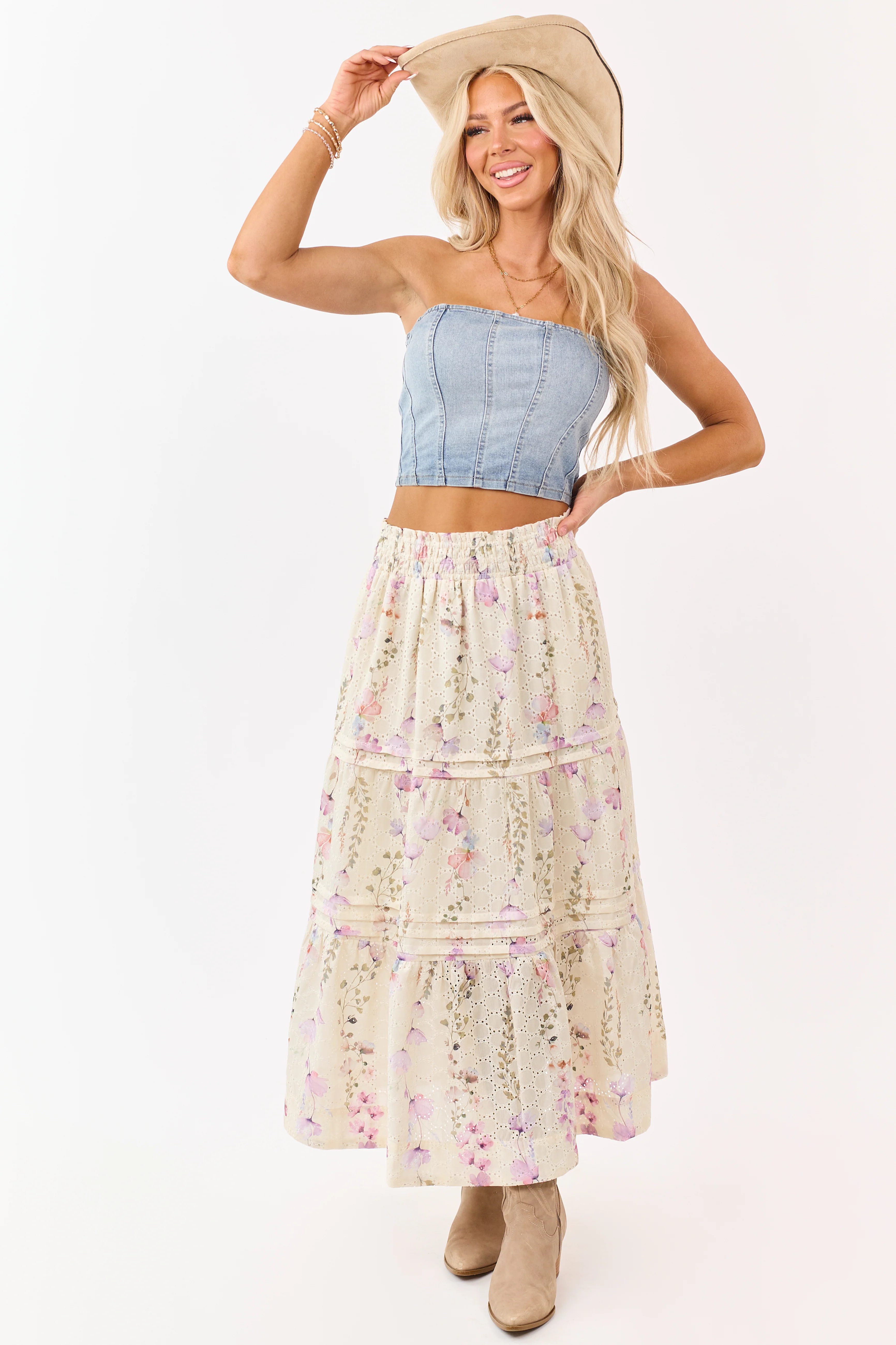 Cream Floral Print Eyelet Tiered Midi Skirt - Image 8