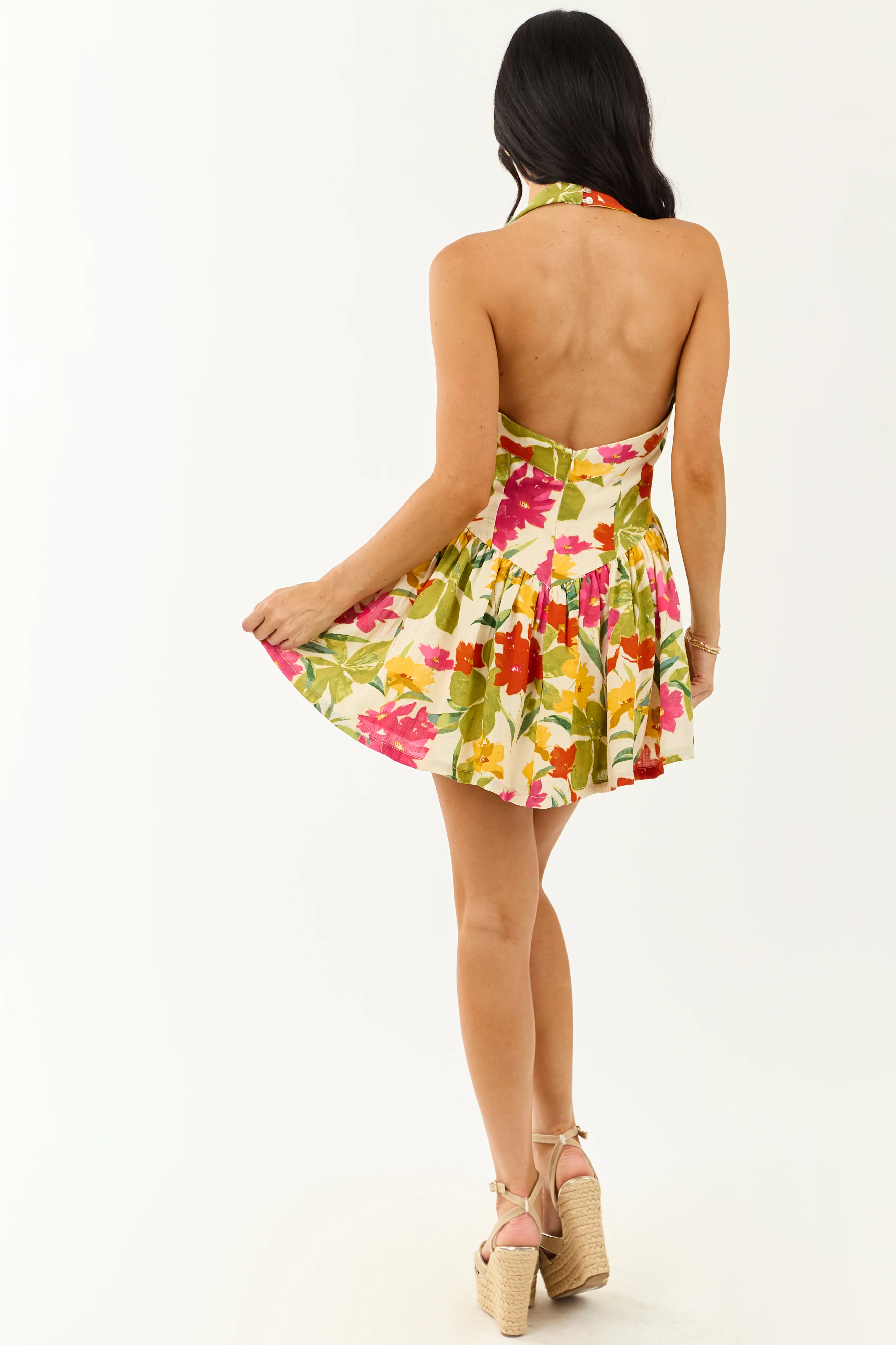 Cream Floral Print Halter Neck Mini Dress - Image 5